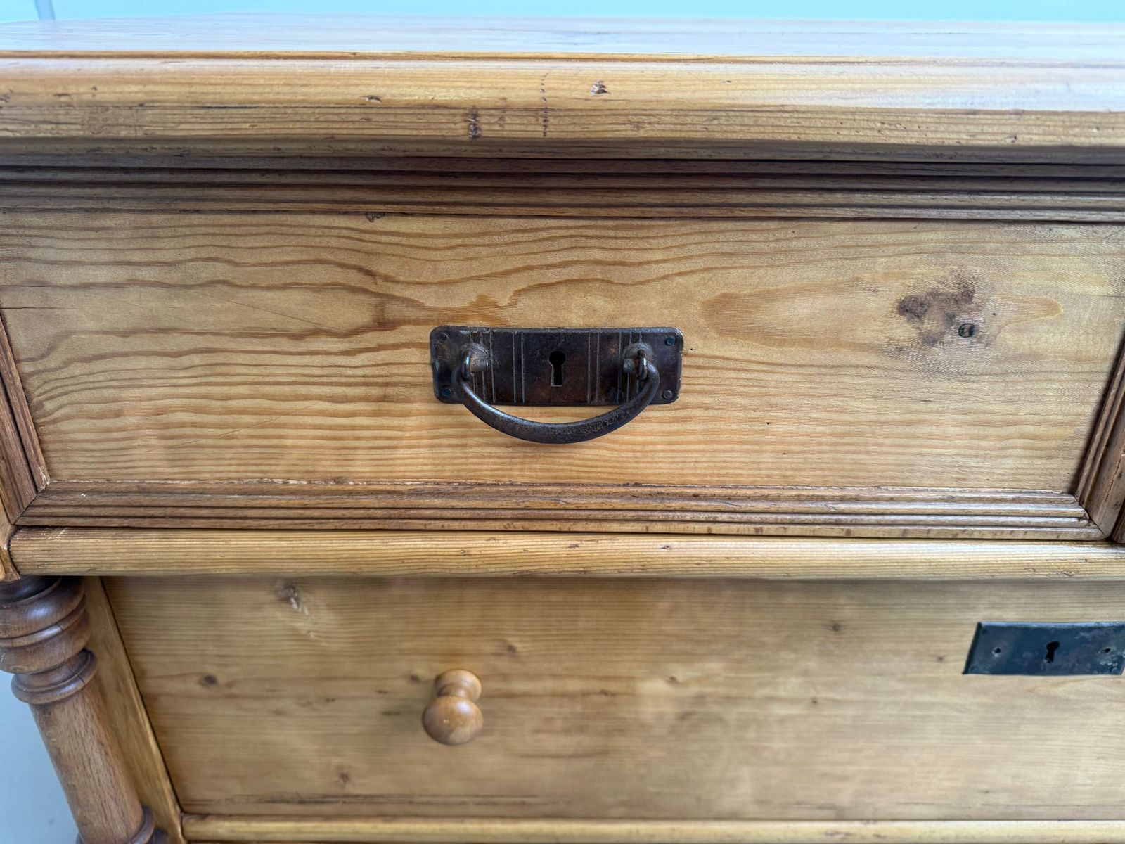 An Original Antique Pine Columned Hungarian Waxed 5 Drawer Chest Of Drawers photo Furniture