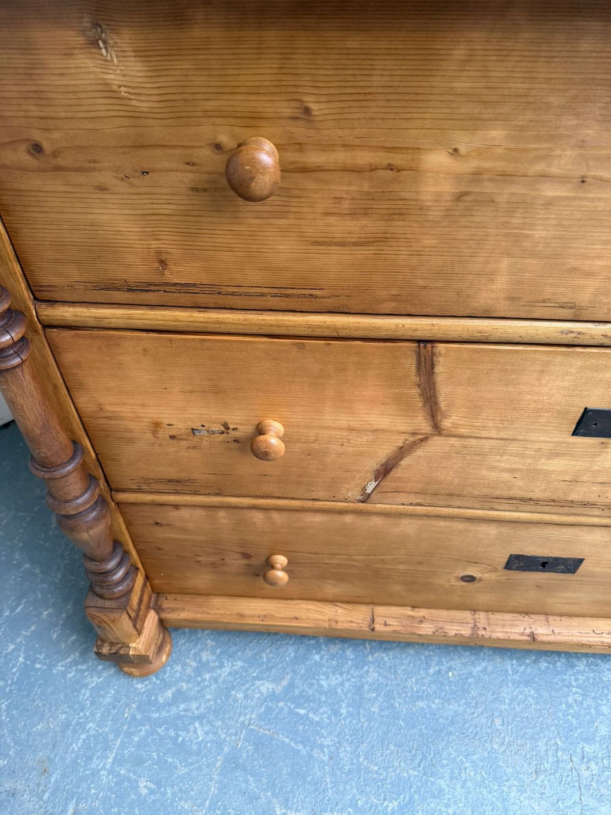 An Original Antique Pine Columned Hungarian Waxed 5 Drawer Chest Of Drawers photo 795.0