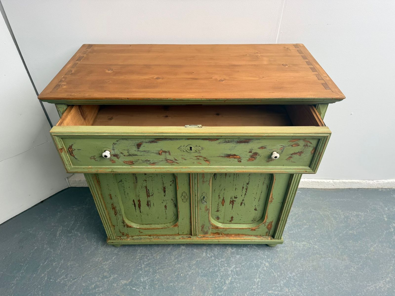A Pretty Originally Painted Hungarian Light Green 2 Door Shallow Dresser Base photo vintage