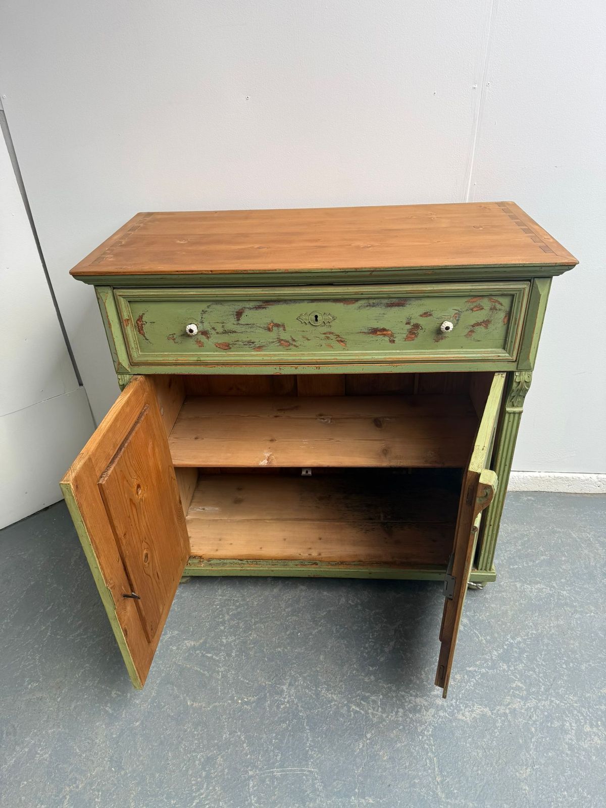 Furniture A Pretty Originally Painted Hungarian Light Green 2 Door Shallow Dresser Base photo