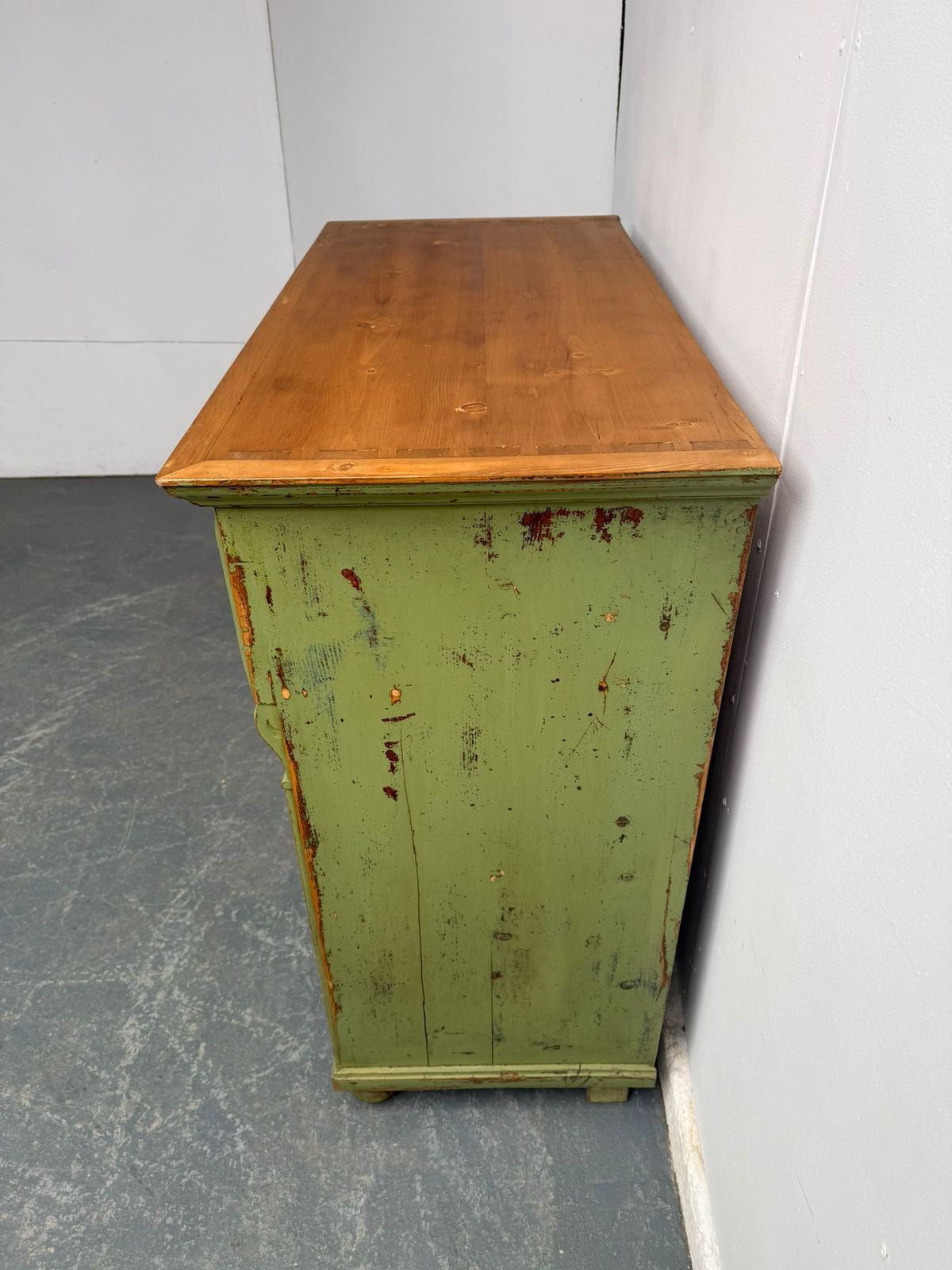 795.0 A Pretty Originally Painted Hungarian Light Green 2 Door Shallow Dresser Base photo