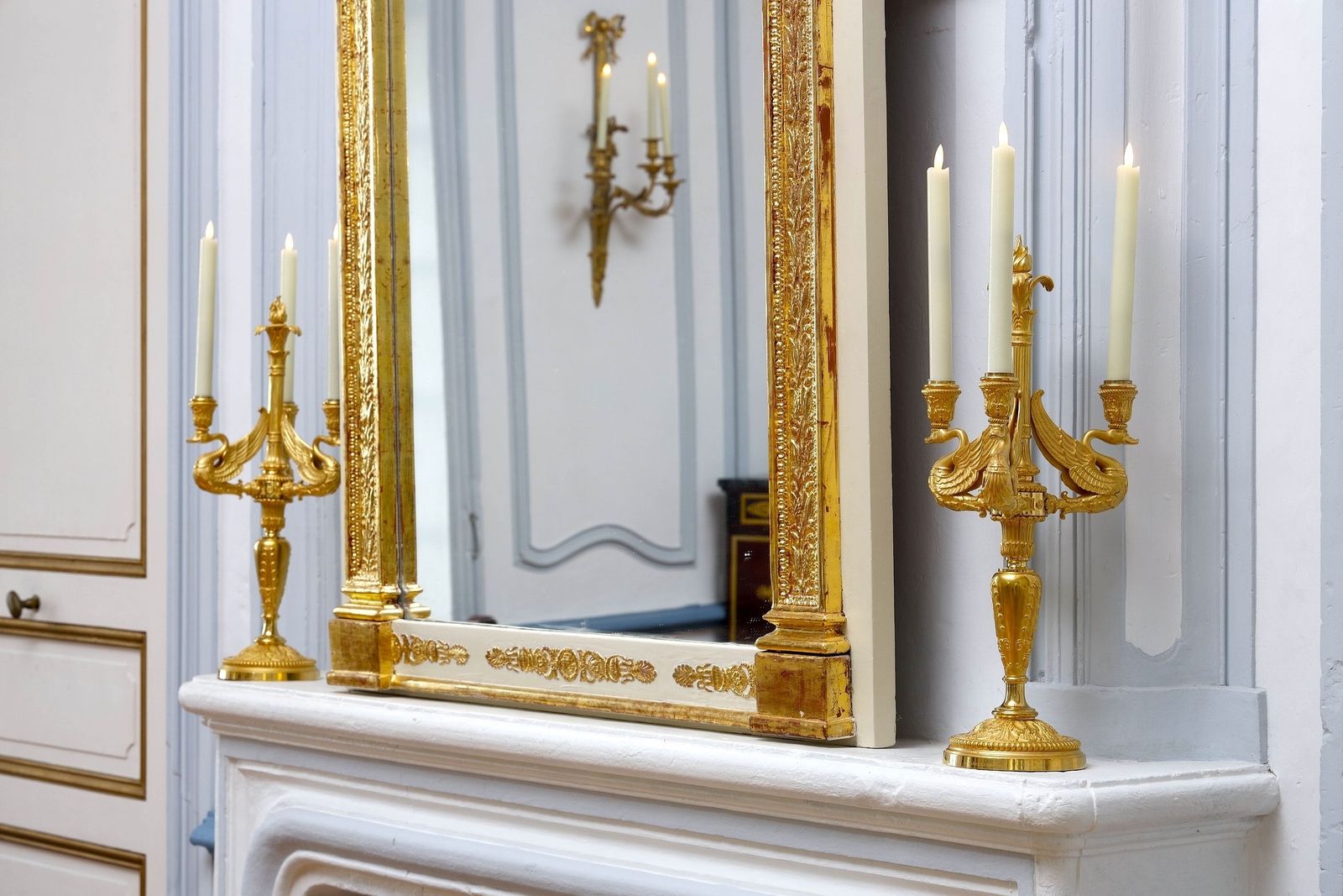 photo buy Pair Of Three Light Torches In Chased And Gilded Bronze, Signed Barbedienne