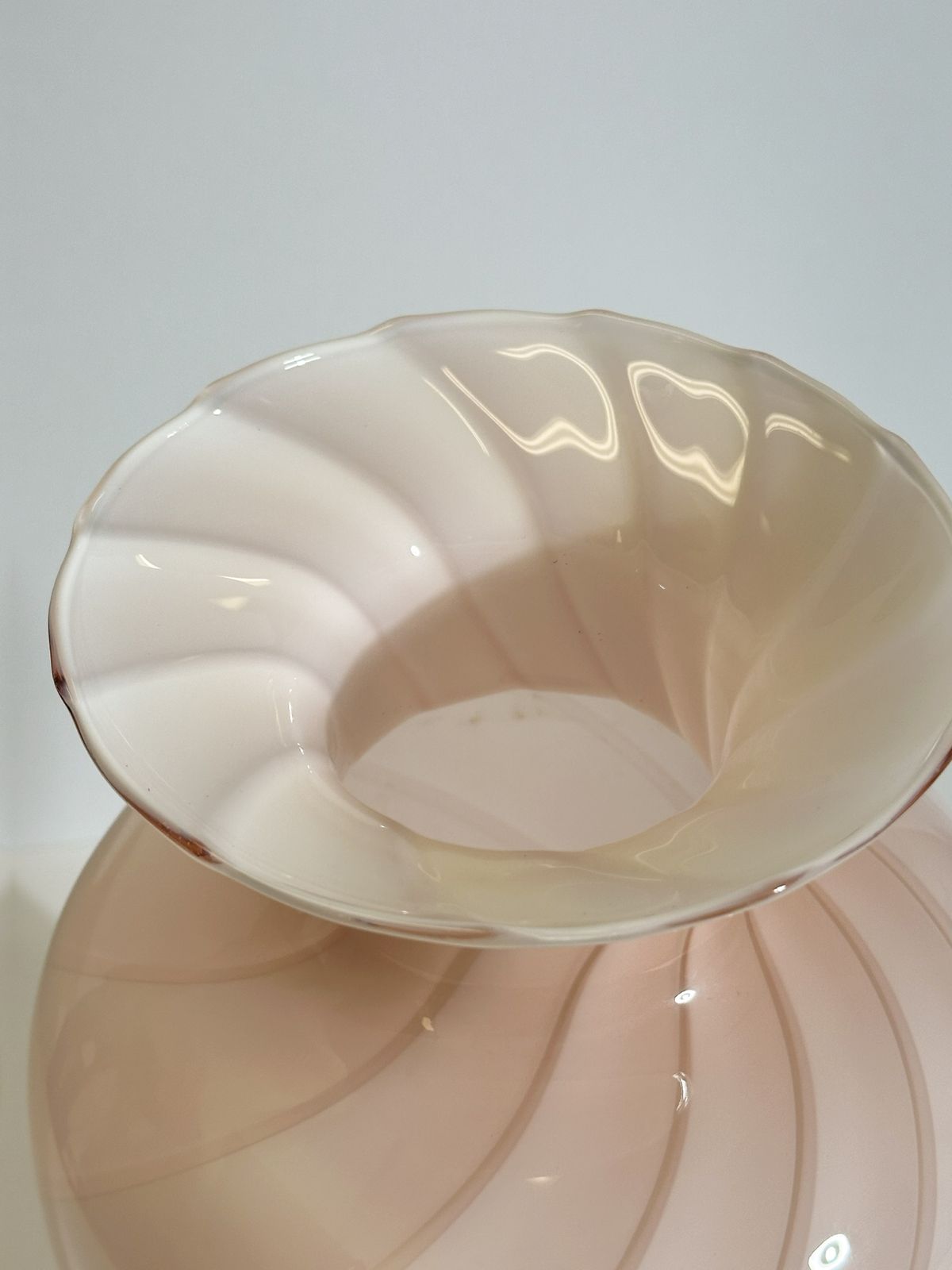 photo furniture Murano Blush Pink Glass Vase, Cased Optic Swirl Urn On Pedestal, 1970s Italy