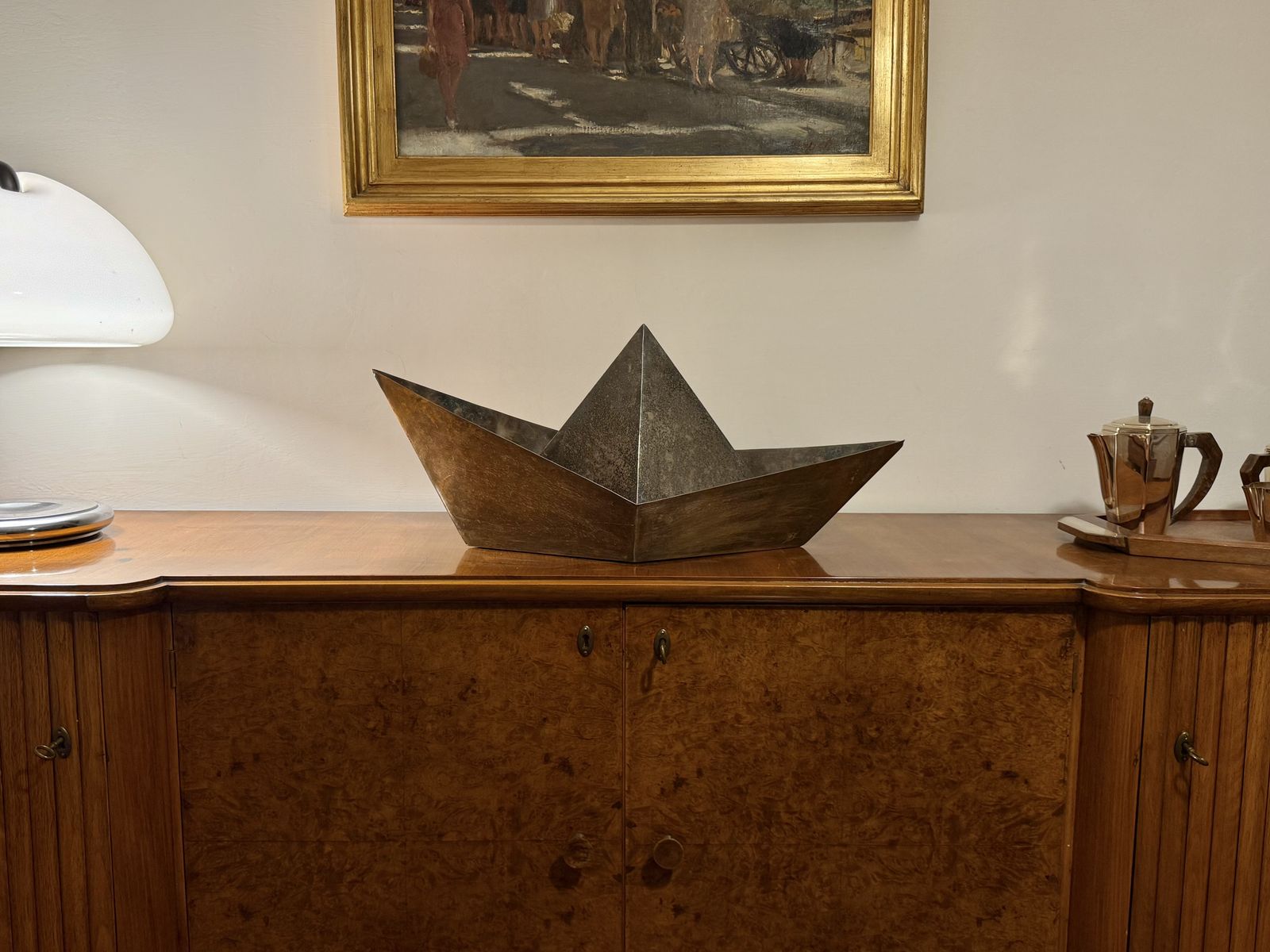 Modern Silver Plated Paper Boat Sculpture, Paola C. By Aldo Cibic Italy 1980s photo furniture