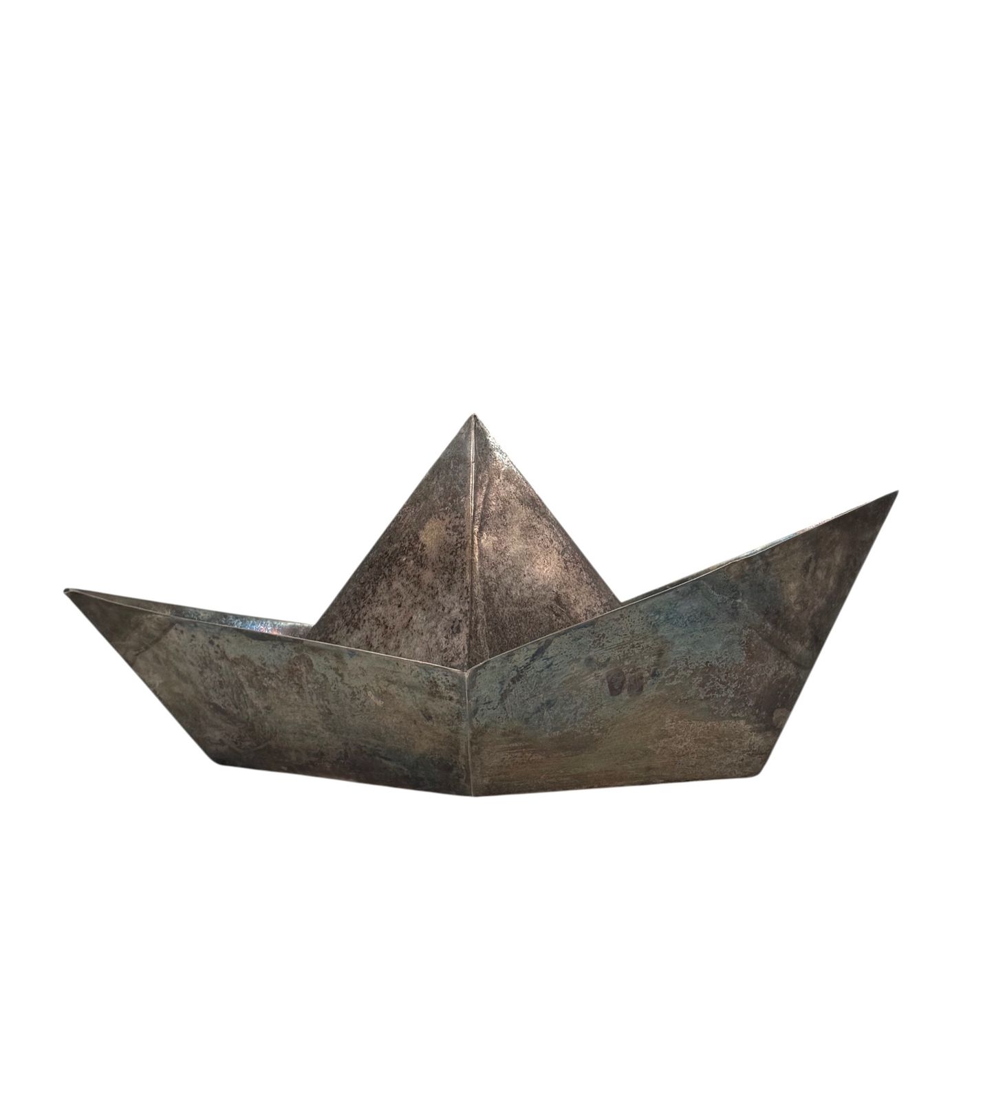 photo for sale Modern Silver Plated Paper Boat Sculpture, Paola C. By Aldo Cibic Italy 1980s