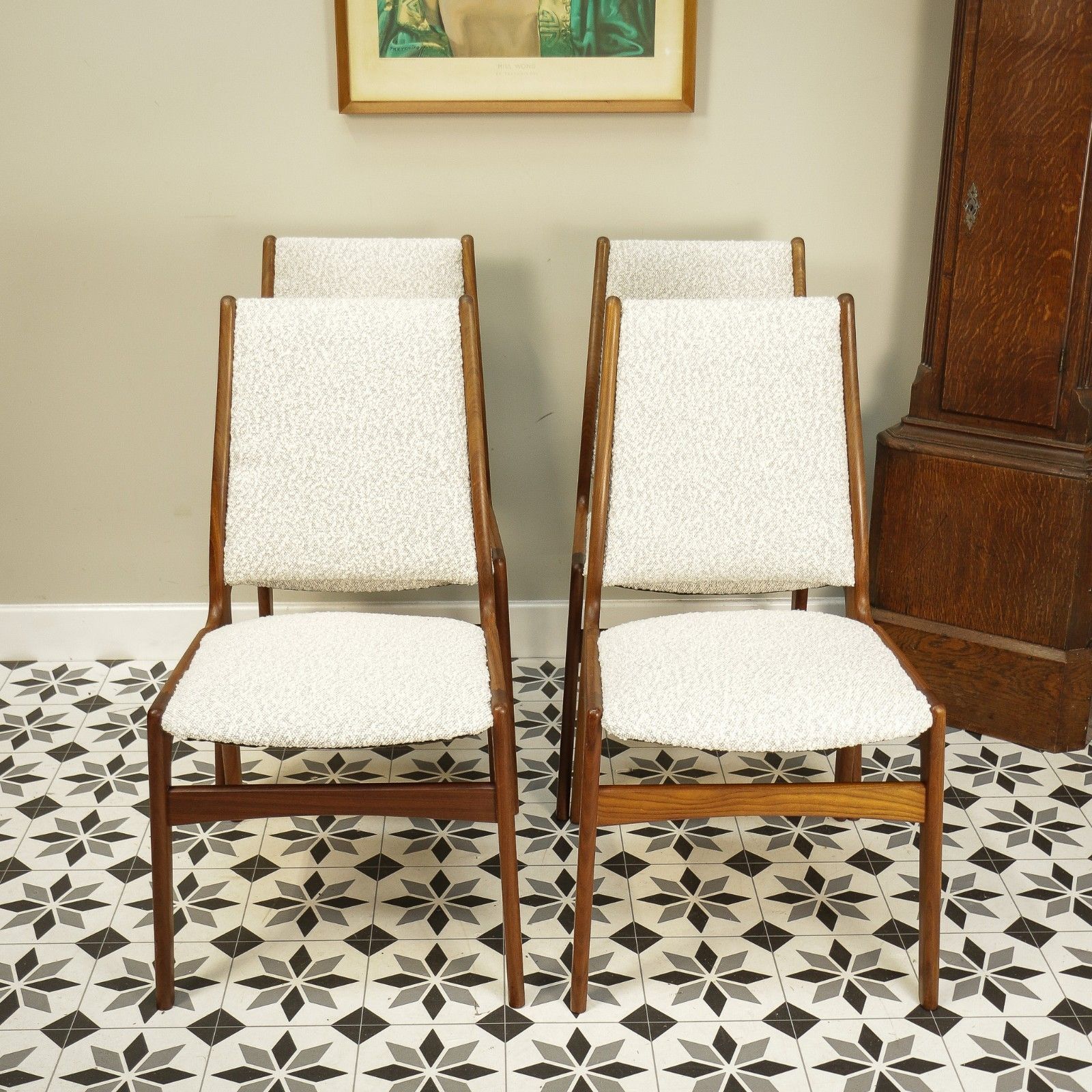 Teak Danish Style Dining Chairs In A Cotswold Cream Boucle Fabric Attr Erik Buch photo Furniture