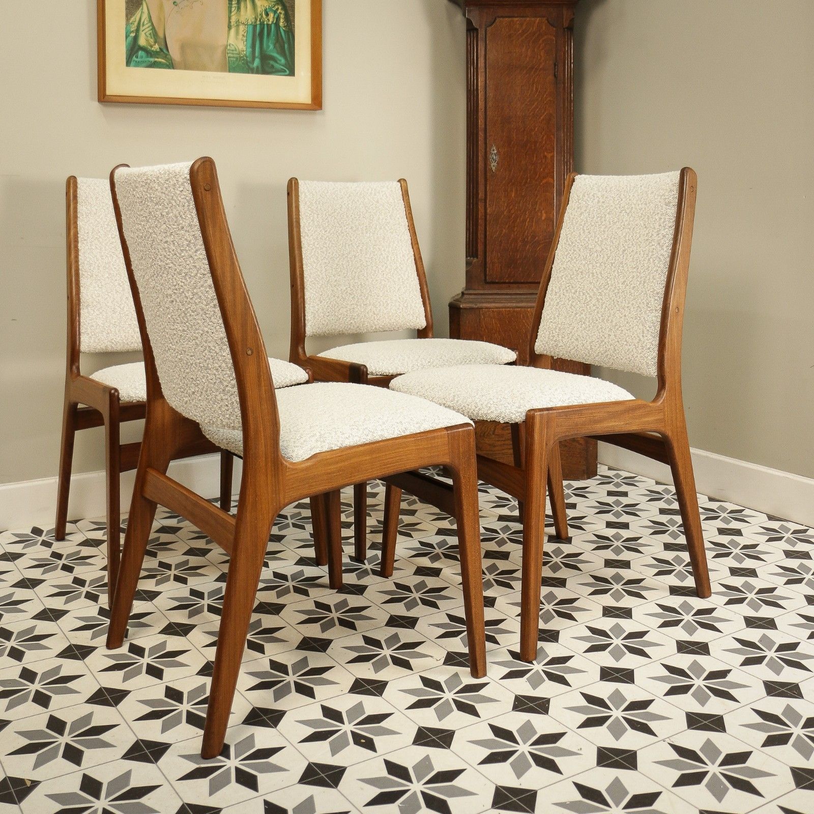 Teak Danish Style Dining Chairs In A Cotswold Cream Boucle Fabric Attr Erik Buch photo vinterior