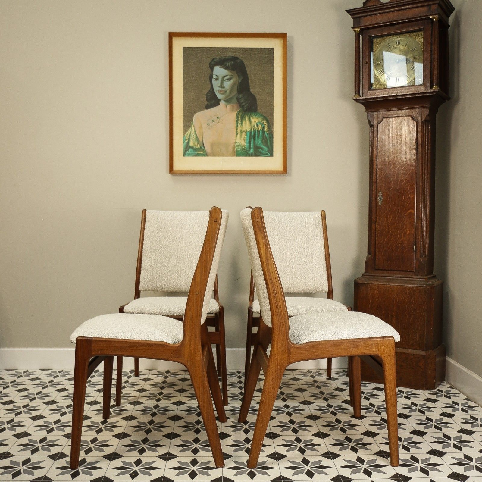 photo furniture Teak Danish Style Dining Chairs In A Cotswold Cream Boucle Fabric Attr Erik Buch
