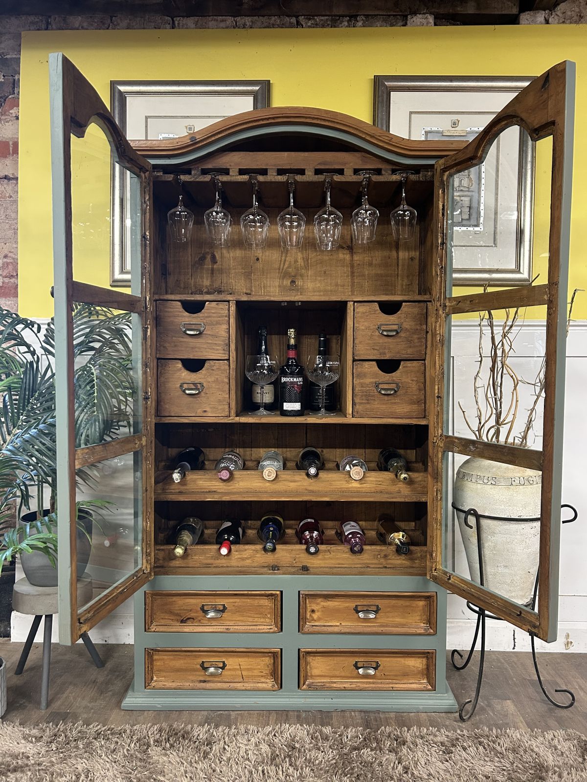 Rustic Glazed Drinks Cabinet/ Butler’s Pantry With  Wine Bins, Rack And Drawers.