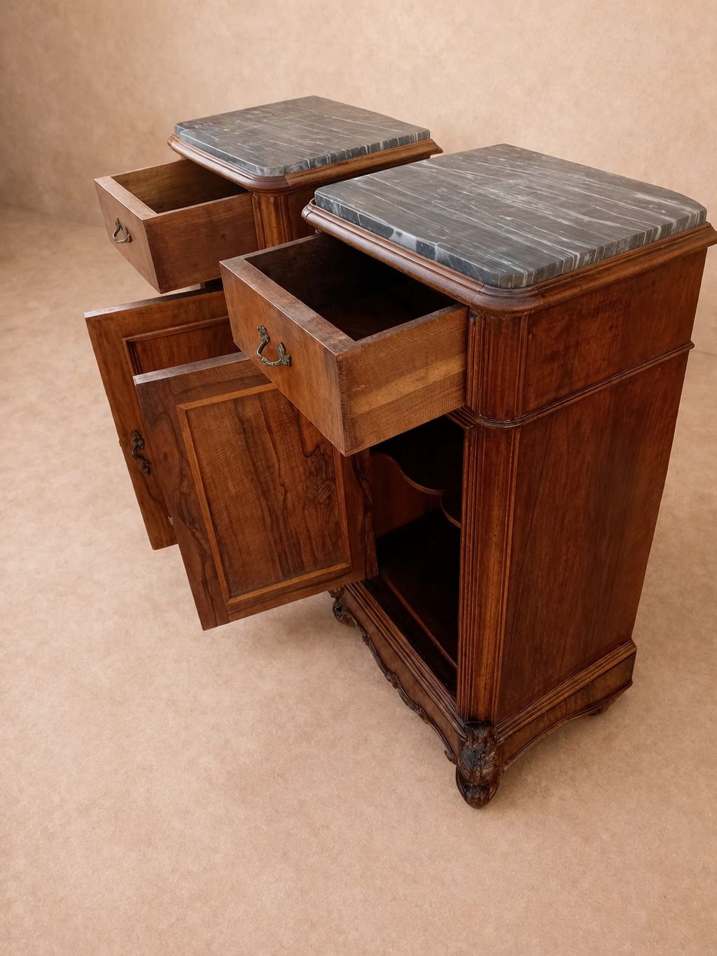 Pair Of French Walnut & Belgian “Sainte Anne” Marble Bedside Cabinets. photo furniture