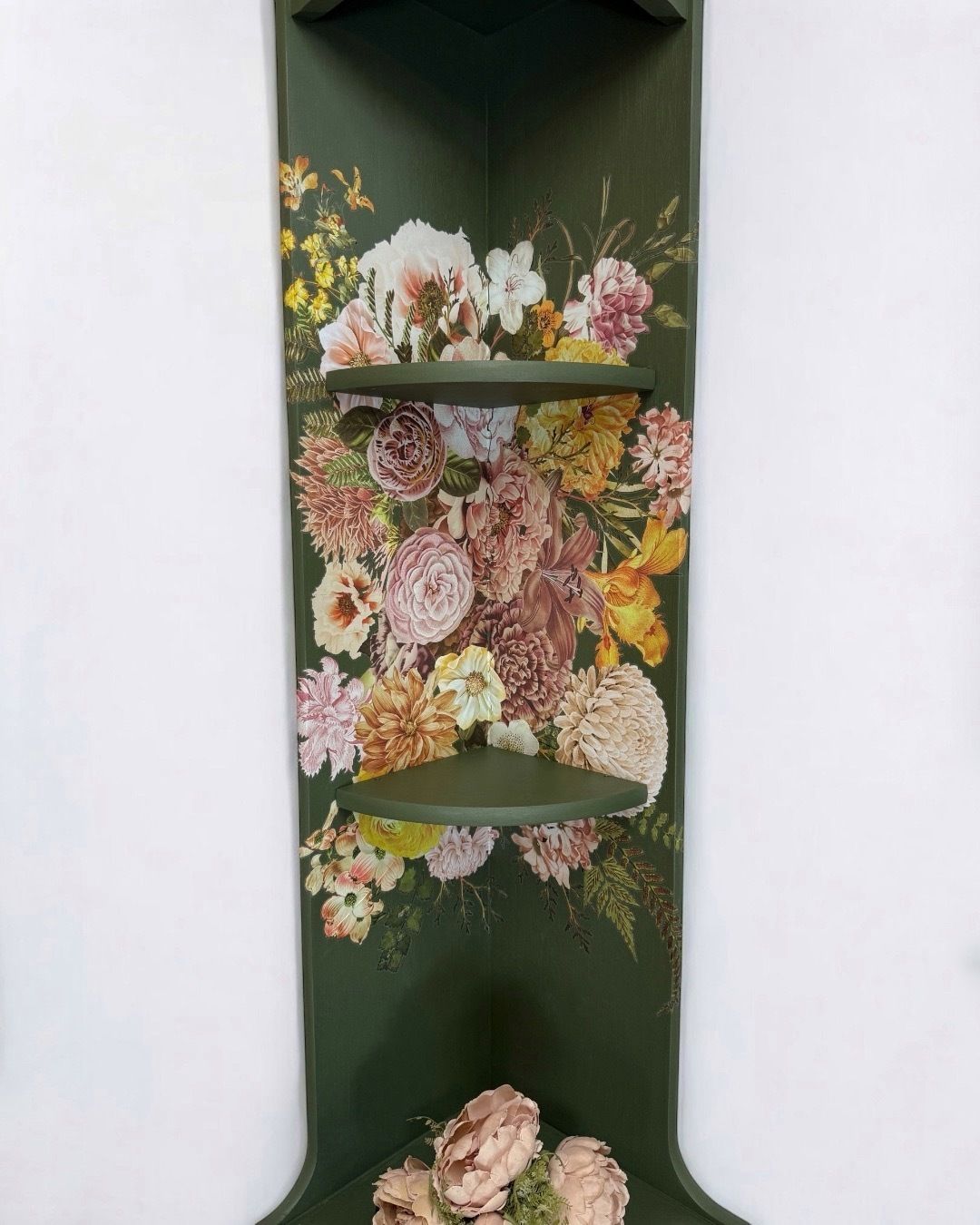 Refinished Mid Century Nathan Corner Cabinet In Deep Olive With Neutral Floral Design photo for sale