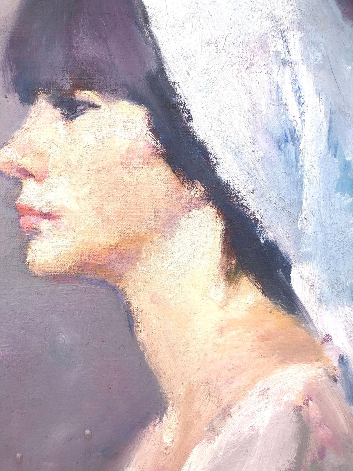 Joan Palet Mediterranean Woman Profile Portrait Oil Painting Spanish Female Figure 1970s photo 850.0