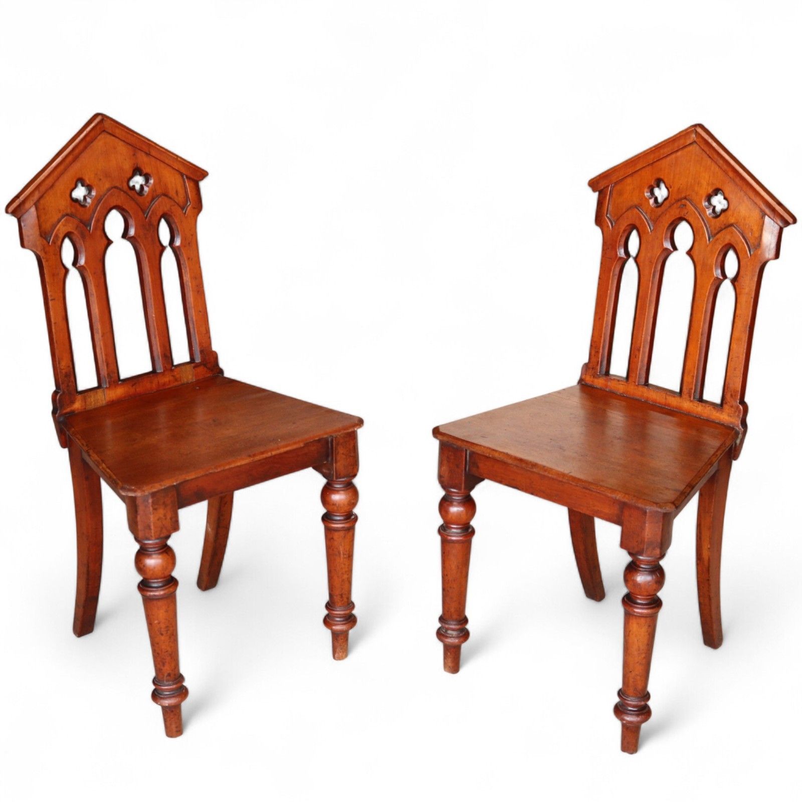 Pair Of Antique Mahogany Pugin Style Carved Gothic Steeple Back Hall Chairs