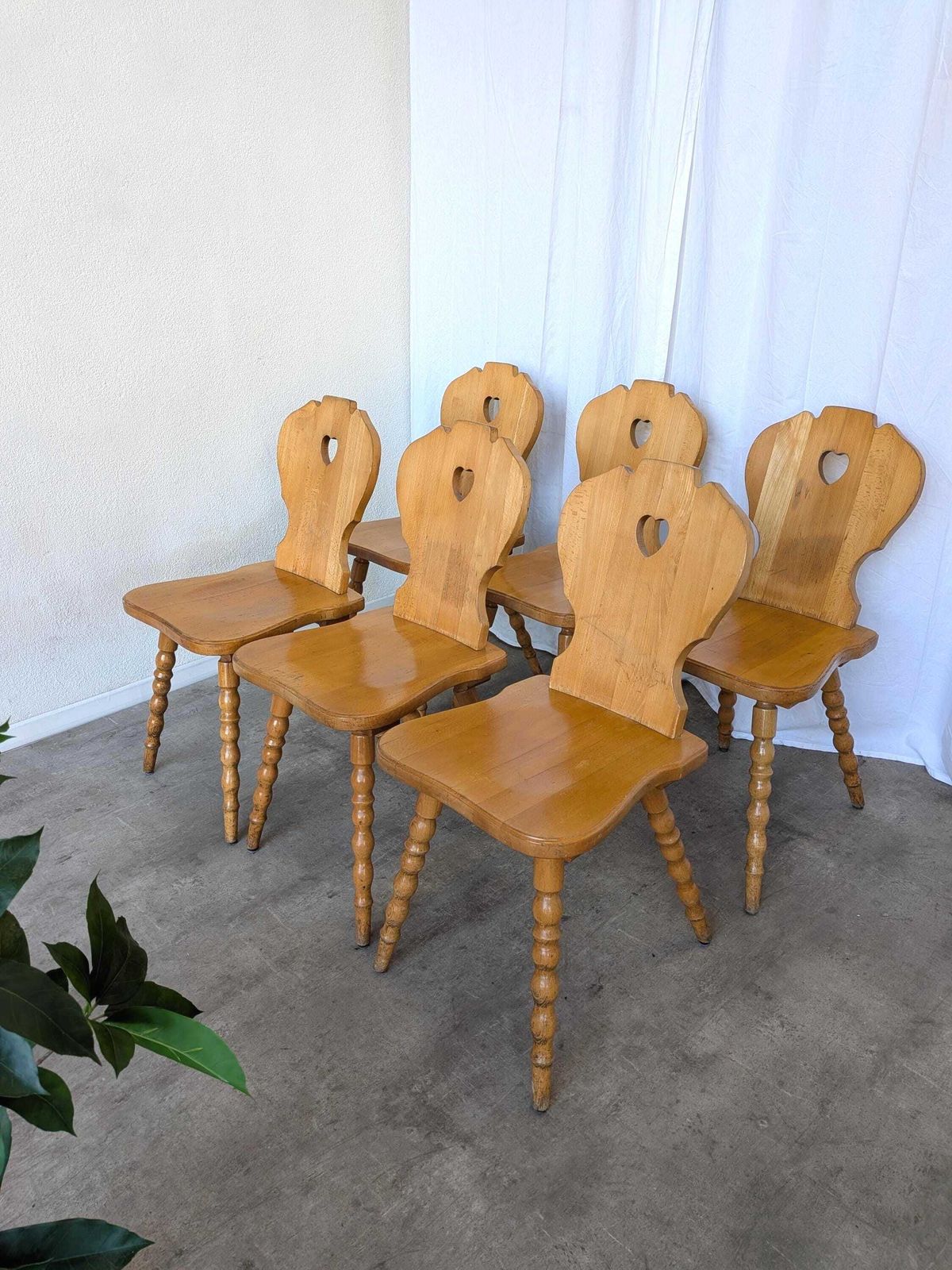 Set Of 6 Vintage Tyrolean Heart Cutout Wooden Dining Chairs, Rustic Farmhouse Style