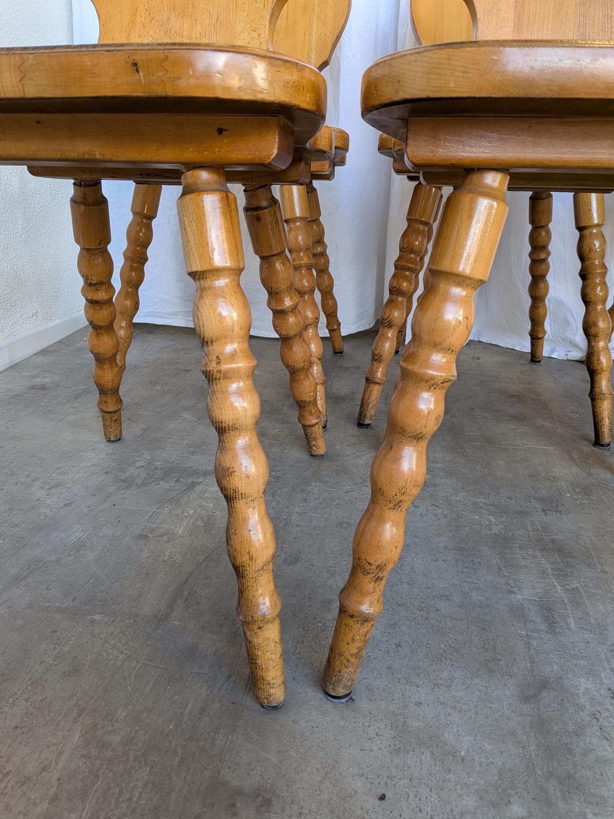 Set Of 6 Vintage Tyrolean Heart Cutout Wooden Dining Chairs, Rustic Farmhouse Style photo for sale