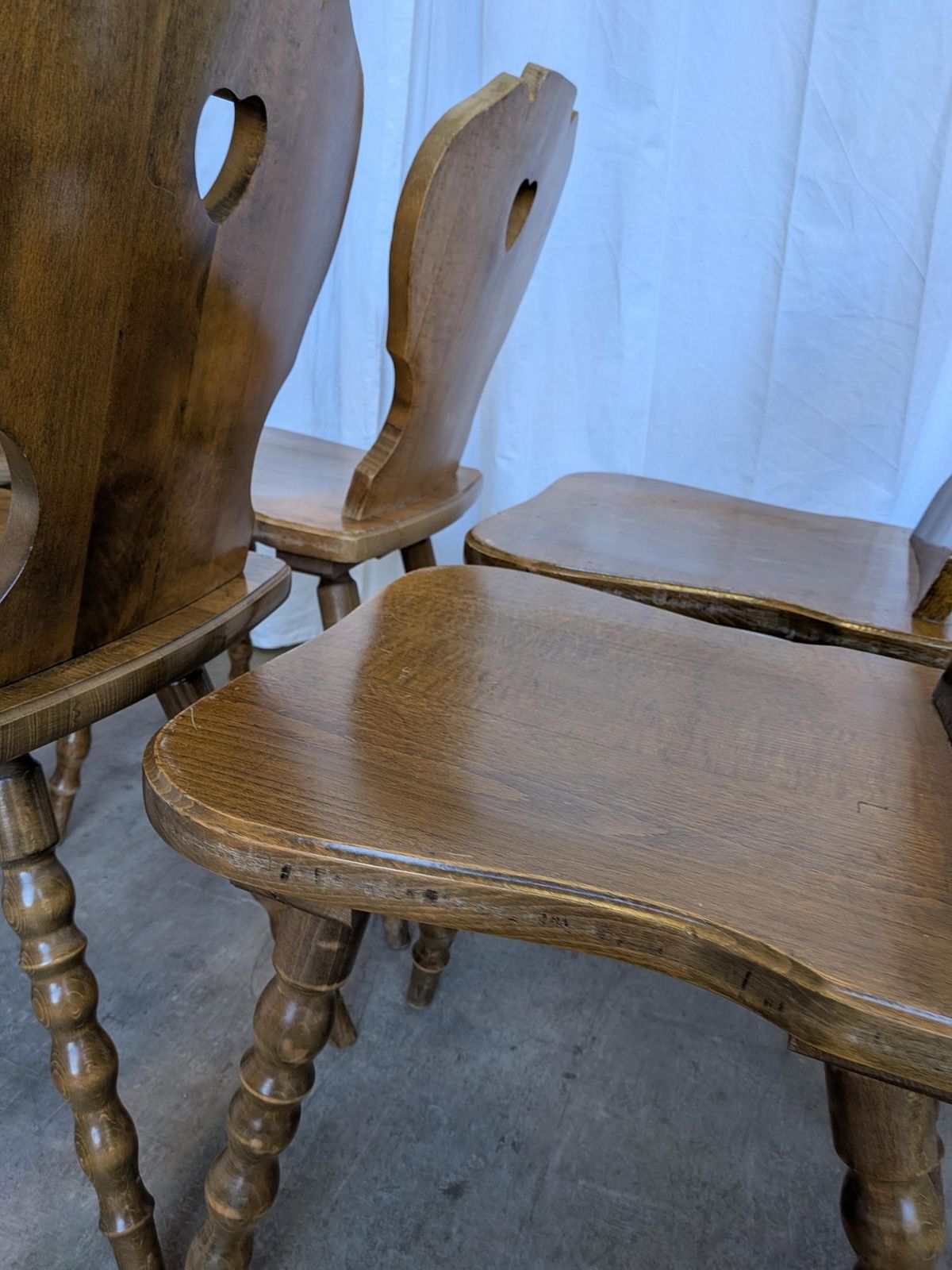 Vintage Tyrolean Heart Cutout Wooden Dining Chairs / Darker Brown Wood (8 In Stock) photo vintage