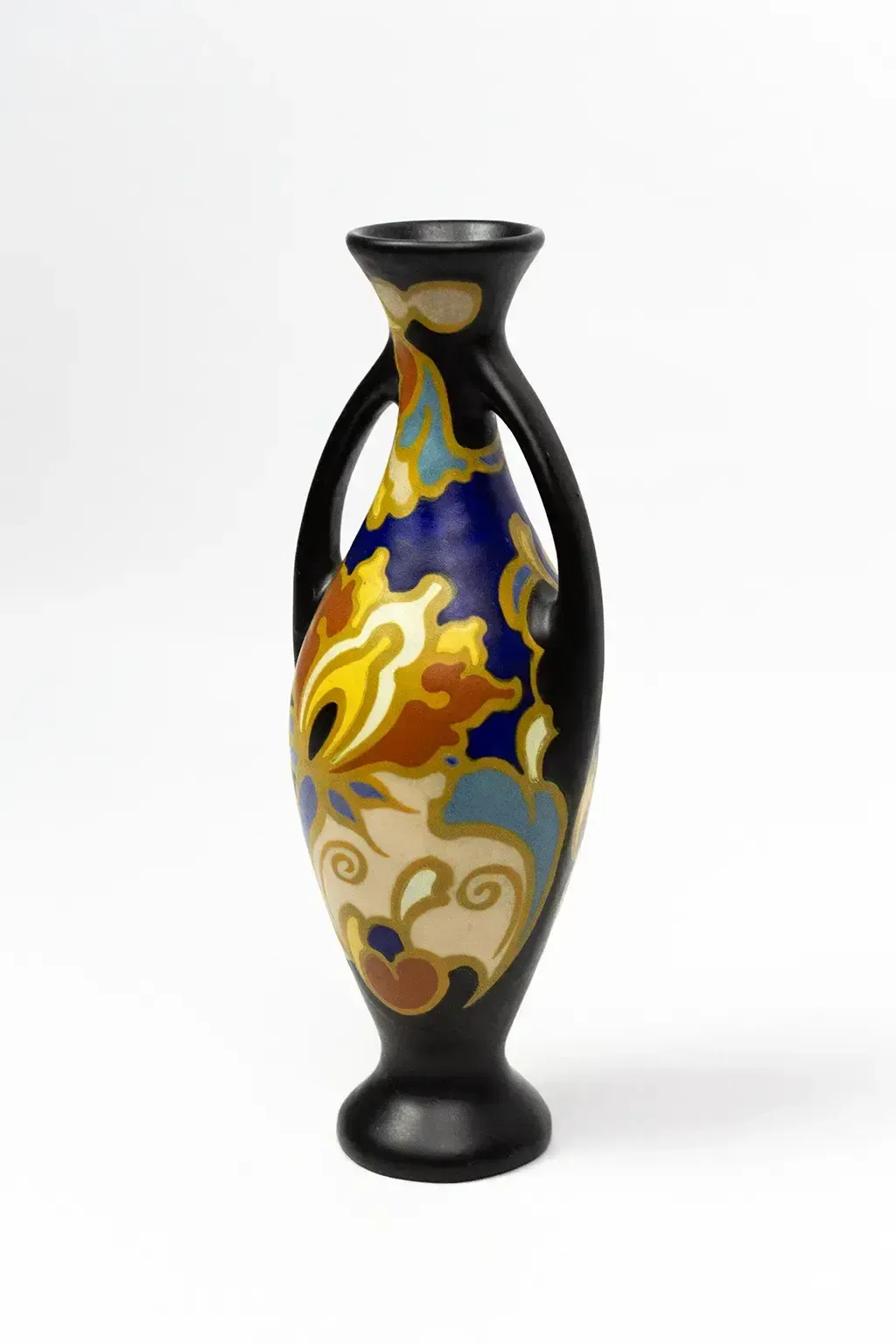 Regina Gouda Vase With Handles — Irene Decoration, Polychrome Matte Earthenware, Netherlands, 1920s–1930s photo for sale