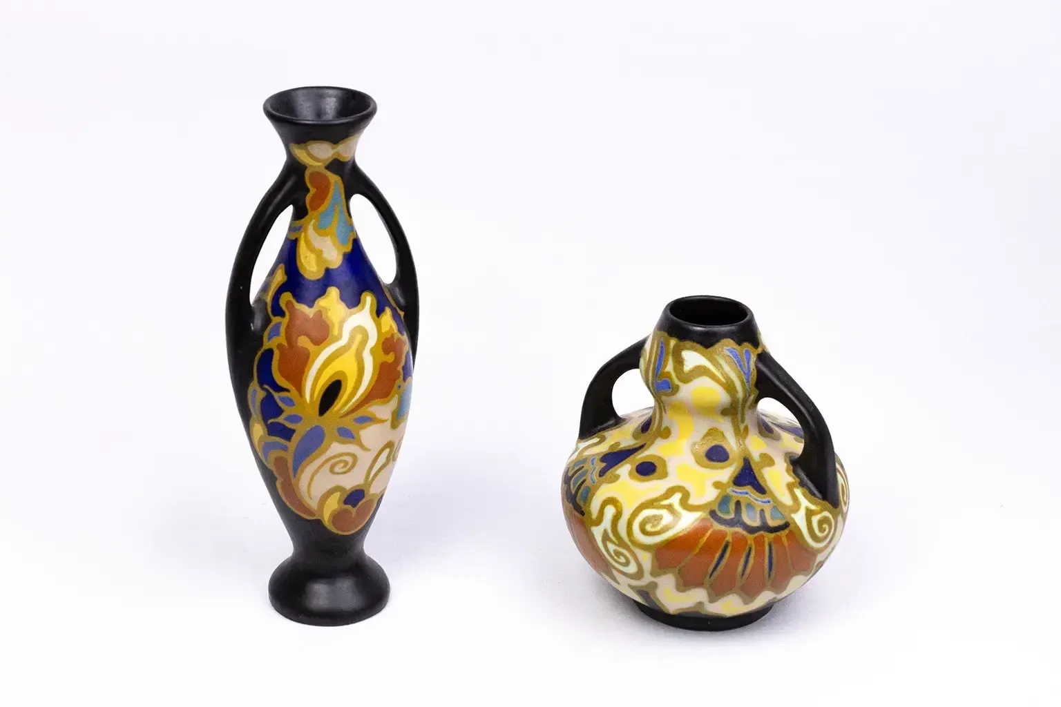 photo for sale Regina Gouda Vase With Handles — Irene Decoration, Polychrome Matte Earthenware, Netherlands, 1920s–1930s