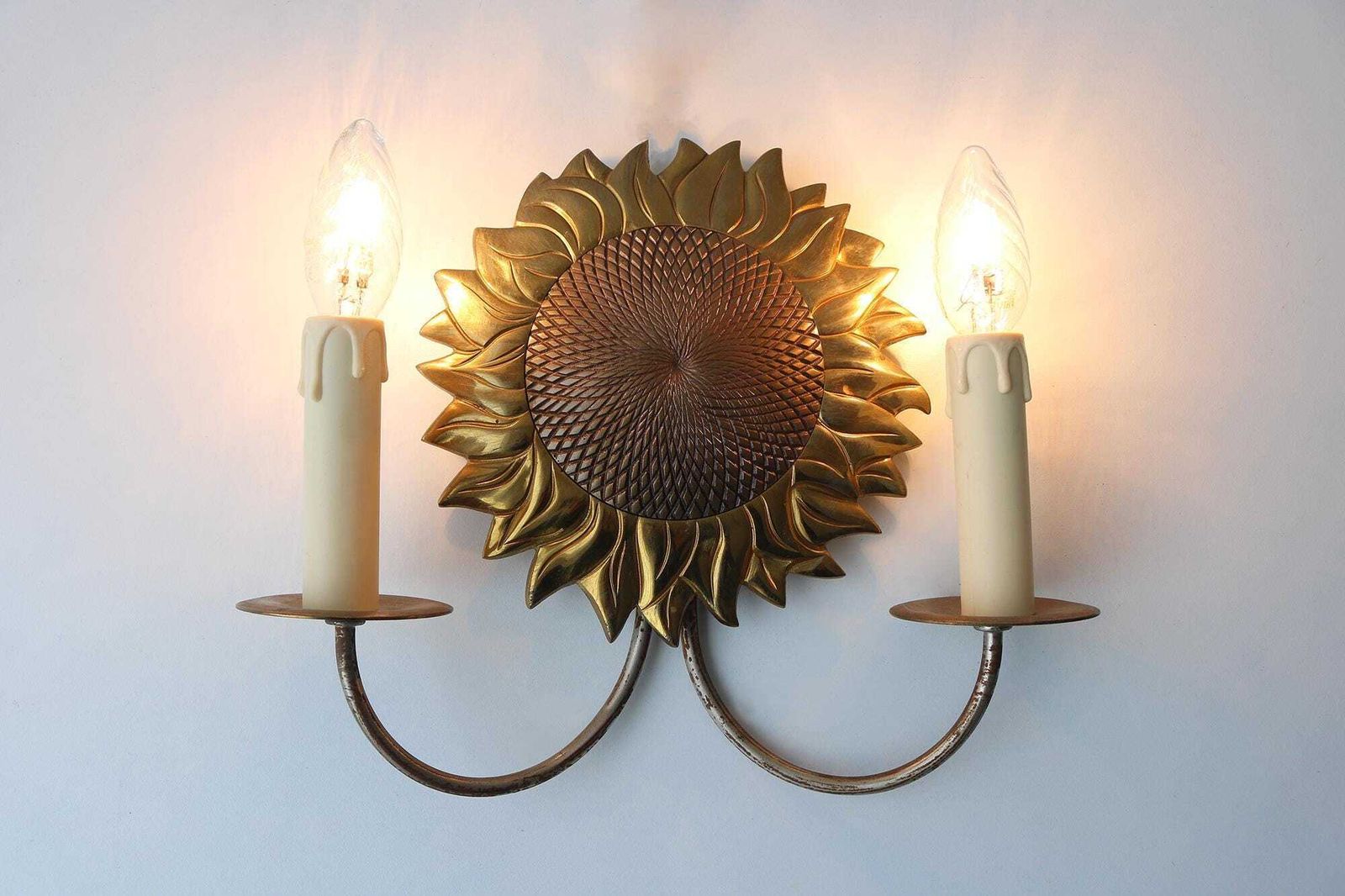 Maison Charles Sunflower Sconce, Marked Charles & Fils France, 1960s Brass Bronze Light photo 1542.0