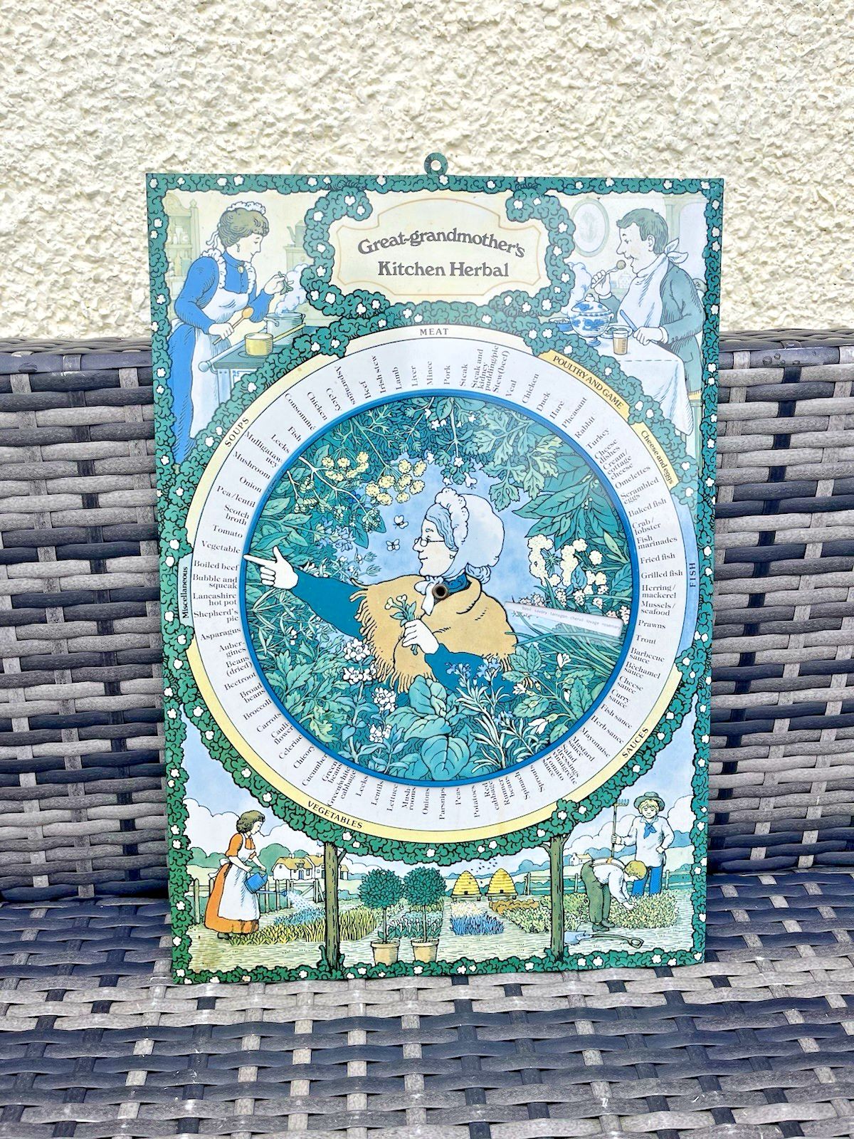 Vintage Great Grandmothers Herbal Kitchen Spinning Recipe Wheel Kitchen Tin Sign photo furniture