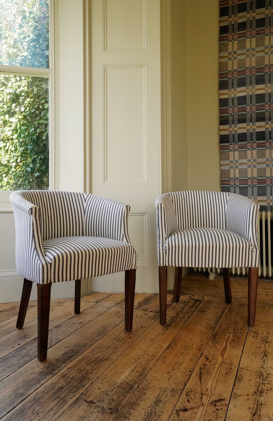 A Pair Of Beautiful Edwardian Tub Chairs Upholstered In Tori Murphy Navy Cotton Ticking Stripe
