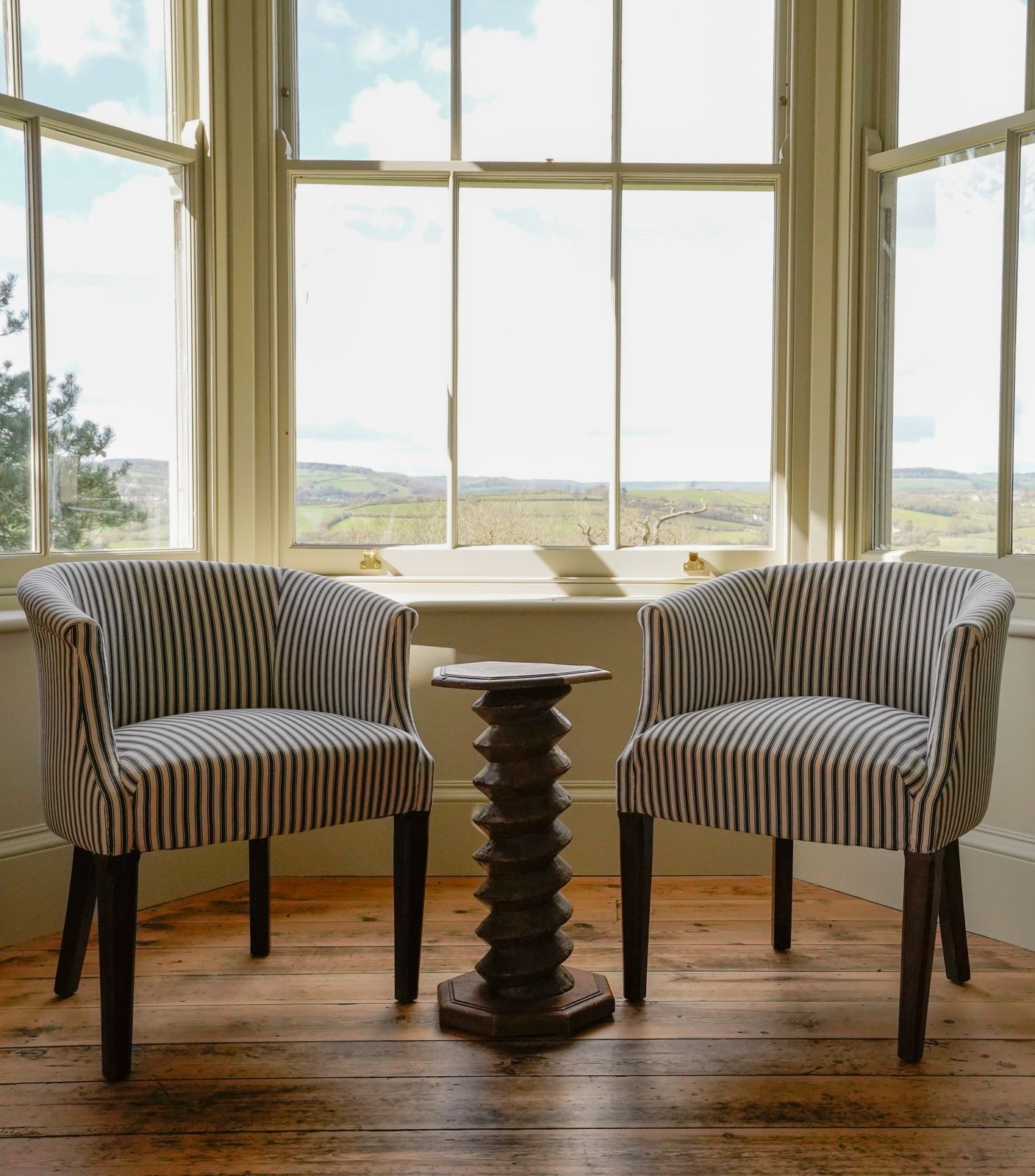 A Pair Of Beautiful Edwardian Tub Chairs Upholstered In Tori Murphy Navy Cotton Ticking Stripe photo 1500.0