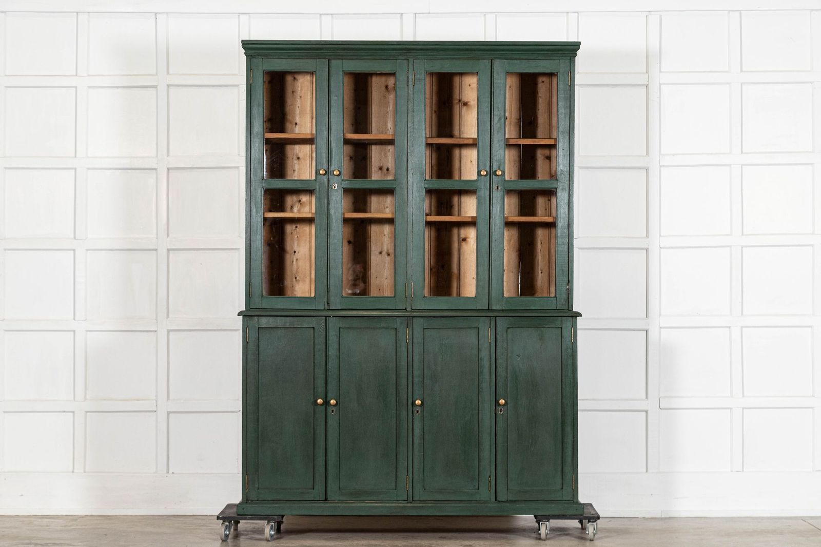 Large 19thc English Painted Pine Glazed Housekeepers Cabinet
