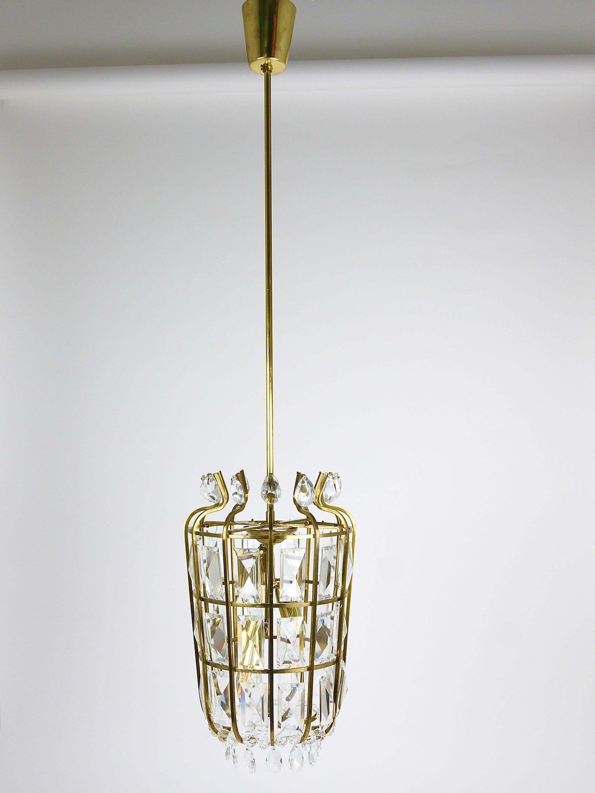 Bakalowits Vienna Brass & Crystal Chandelier Lantern Pendant Lamp, Austria, 1950 photo Lighting