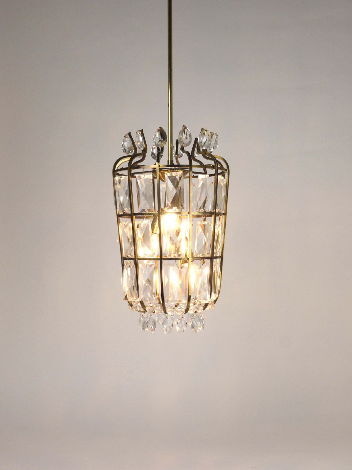 photo furniture Bakalowits Vienna Brass & Crystal Chandelier Lantern Pendant Lamp, Austria, 1950