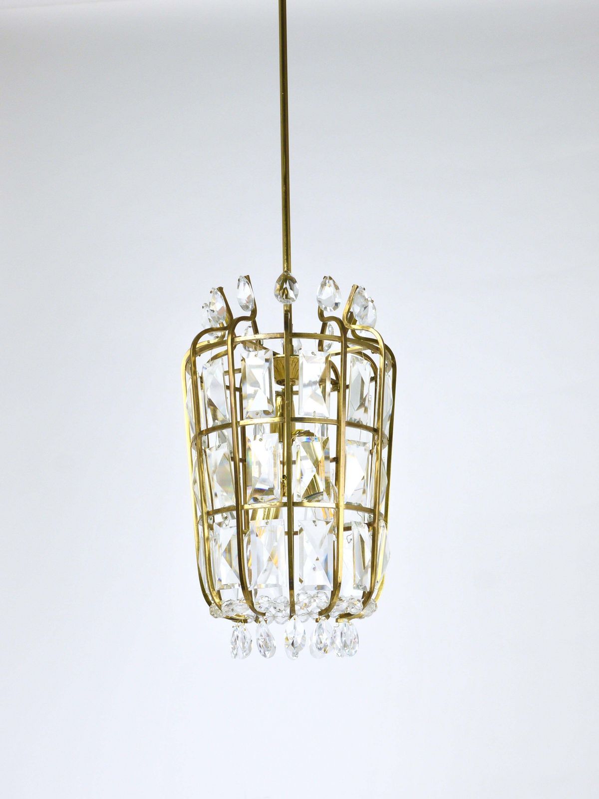 1657.0 Bakalowits Vienna Brass & Crystal Chandelier Lantern Pendant Lamp, Austria, 1950 photo