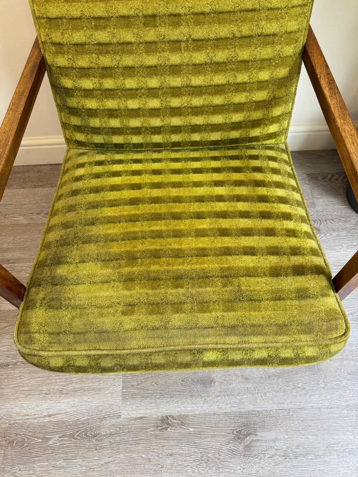 photo furniture Mid Century Green Velvet Wooden Framed Armchair 1960s