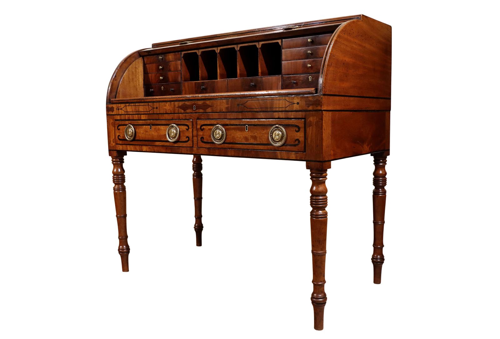 Regency Mahogany Cylinder Desk With Ebony Inlay & Brass Ring Handles, C.1820 photo Furniture