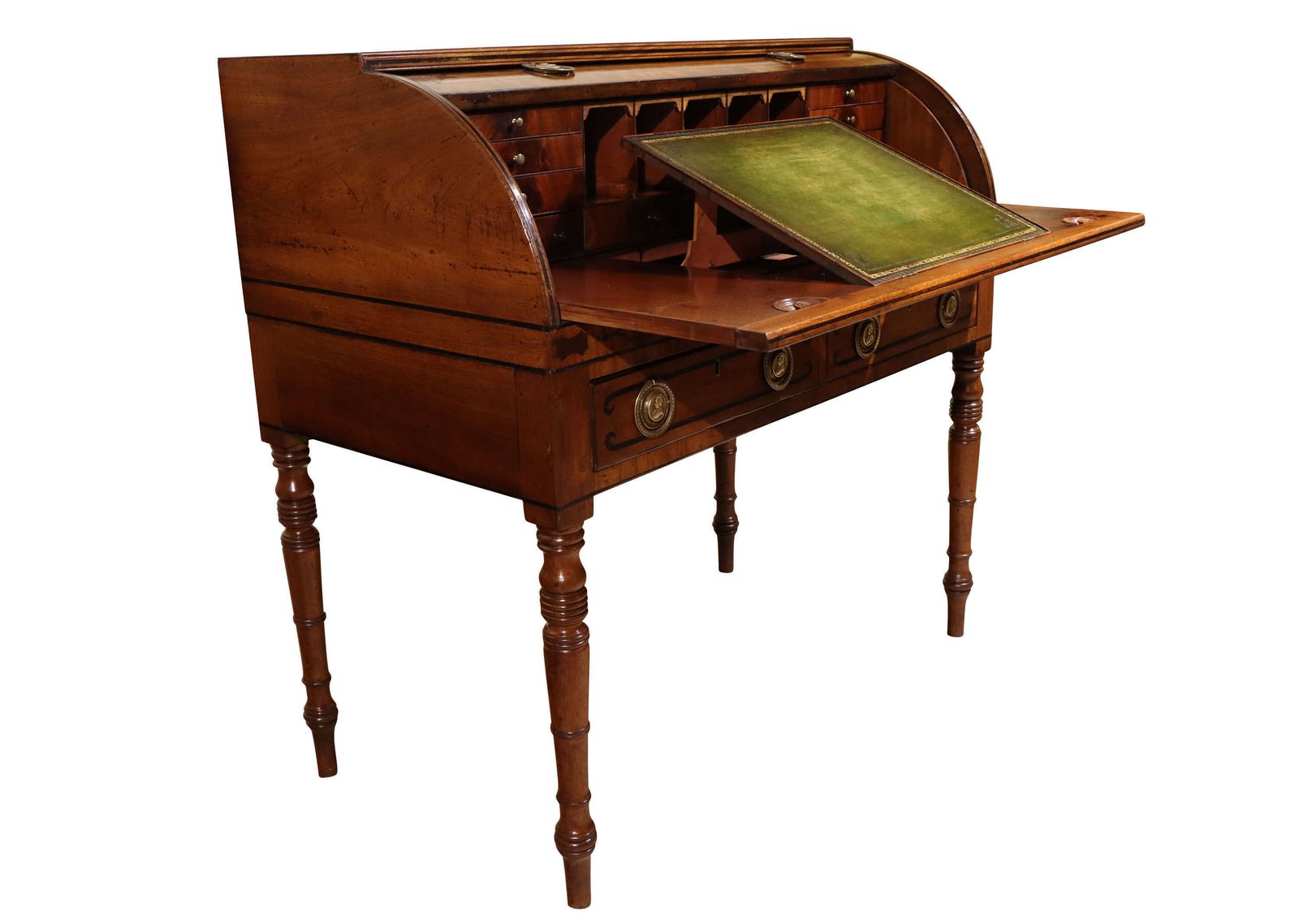 Regency Mahogany Cylinder Desk With Ebony Inlay & Brass Ring Handles, C.1820 photo 1030.0
