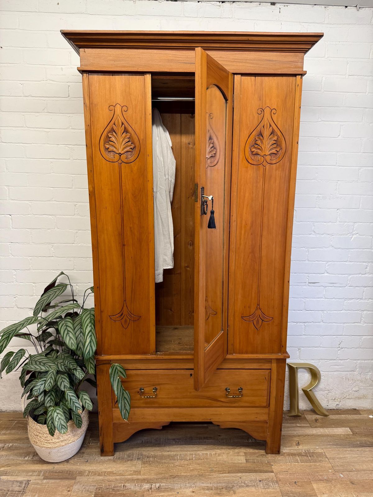 Antique Pine Hallway Wardrobe With Mirror Door | Art Nouveau Style Carved Panels | Edwardian Cupboard