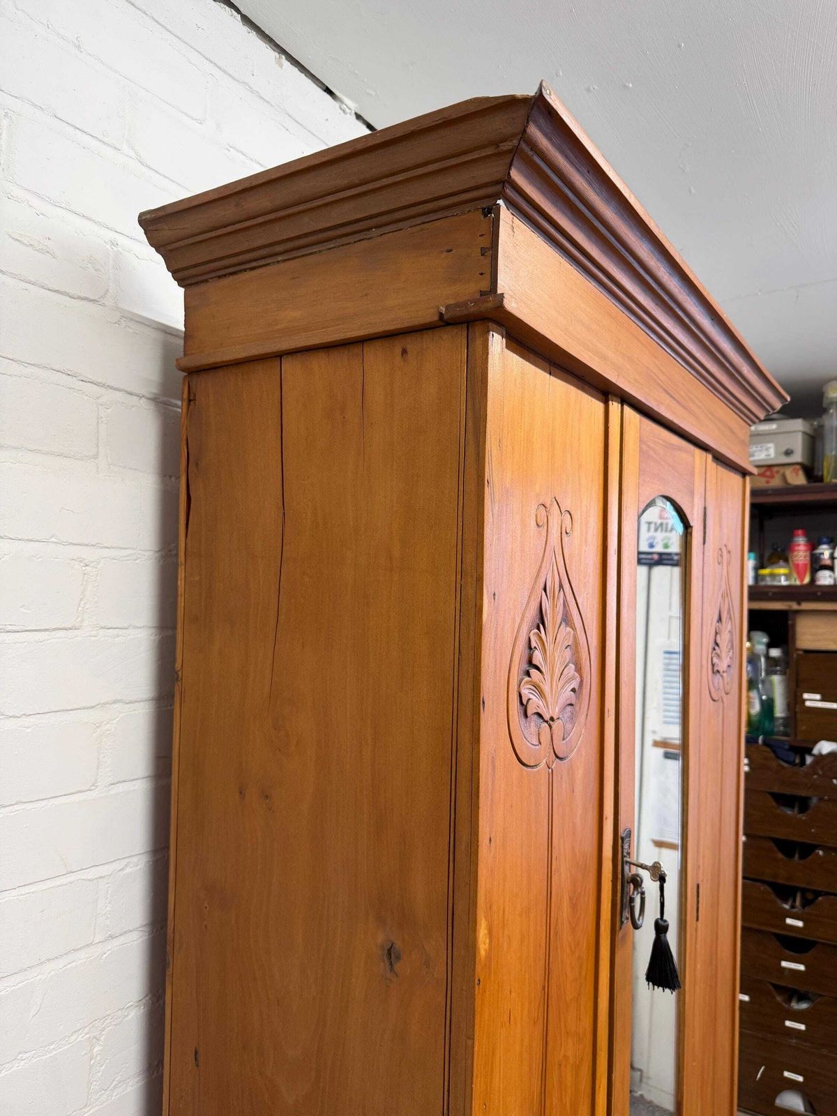 Antique Pine Hallway Wardrobe With Mirror Door | Art Nouveau Style Carved Panels | Edwardian Cupboard photo vinterior