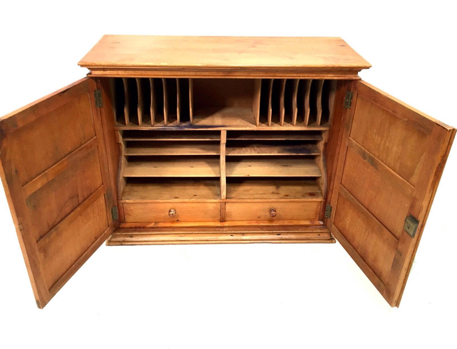 Antique Pine Wooden Tabletop Filing Cabinet / Storage Box With Drawers & Key photo vinterior