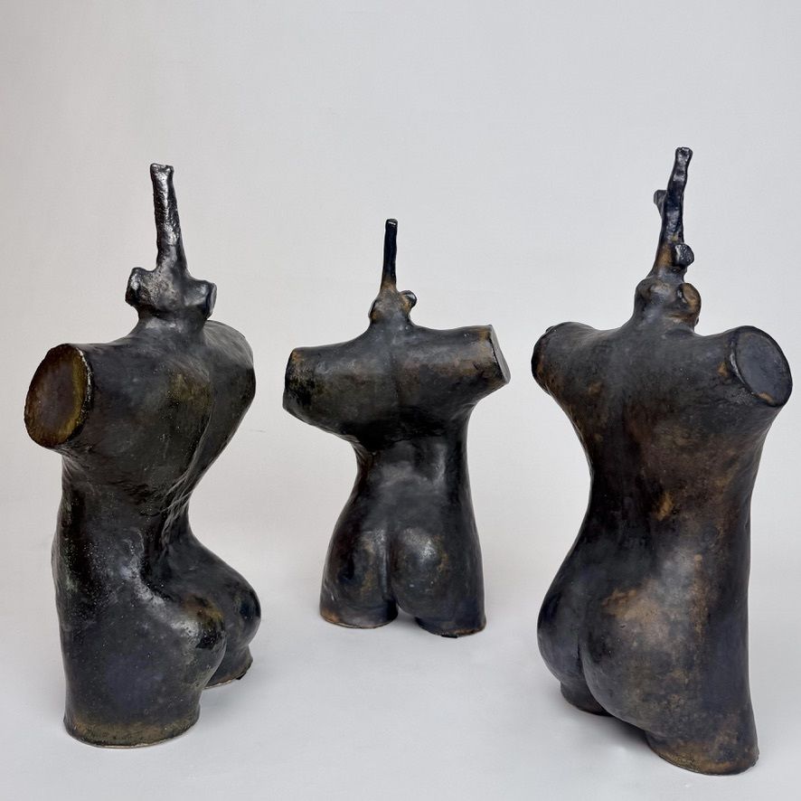 Set Of Three Vintage Black Stoneware Sculptures By L. L. Italy 2000's photo Art