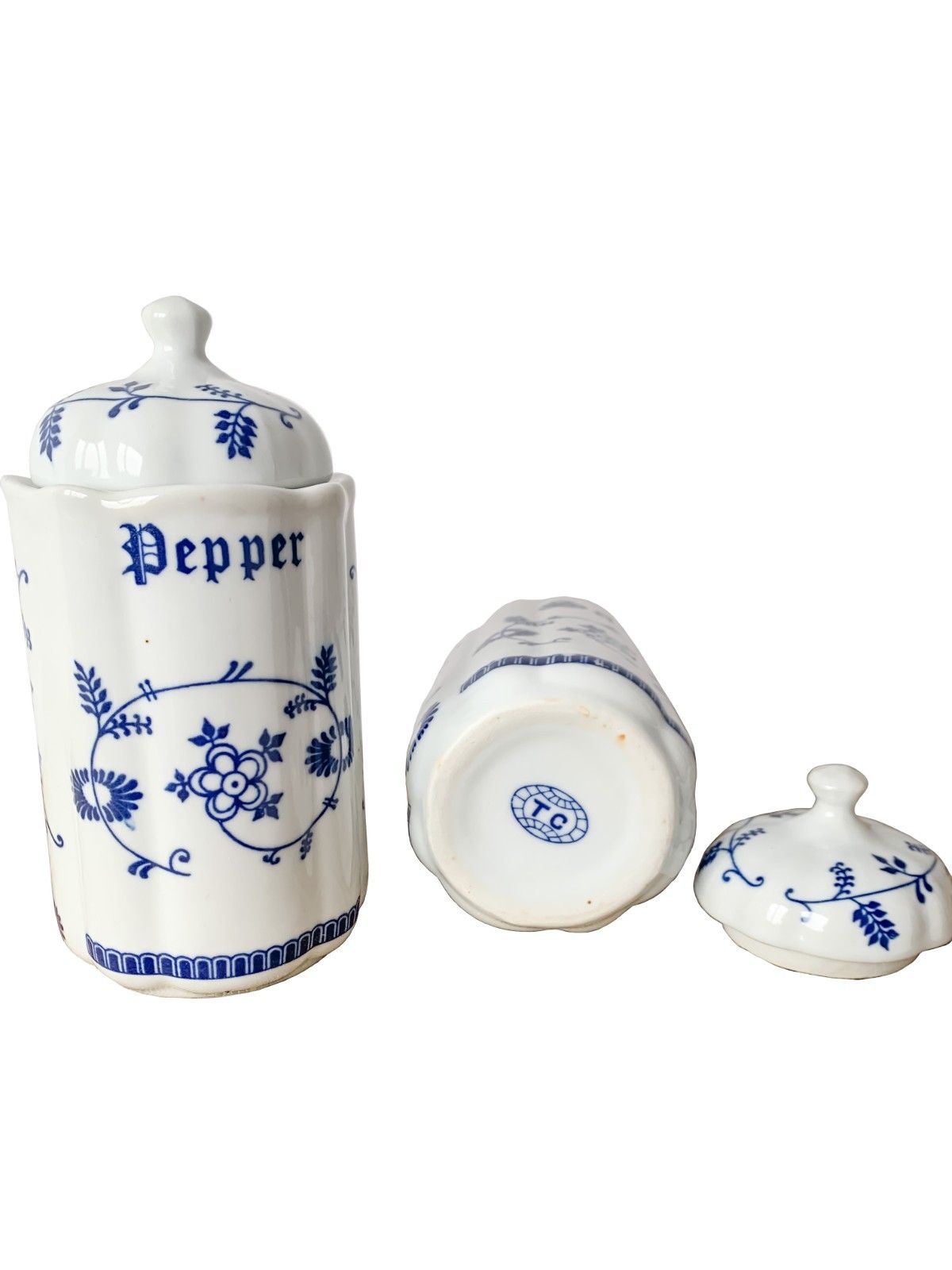Tc Caddies Floral Blue & White Ceramic Stamped Mid Century 1950s Rare Full Set photo vinterior