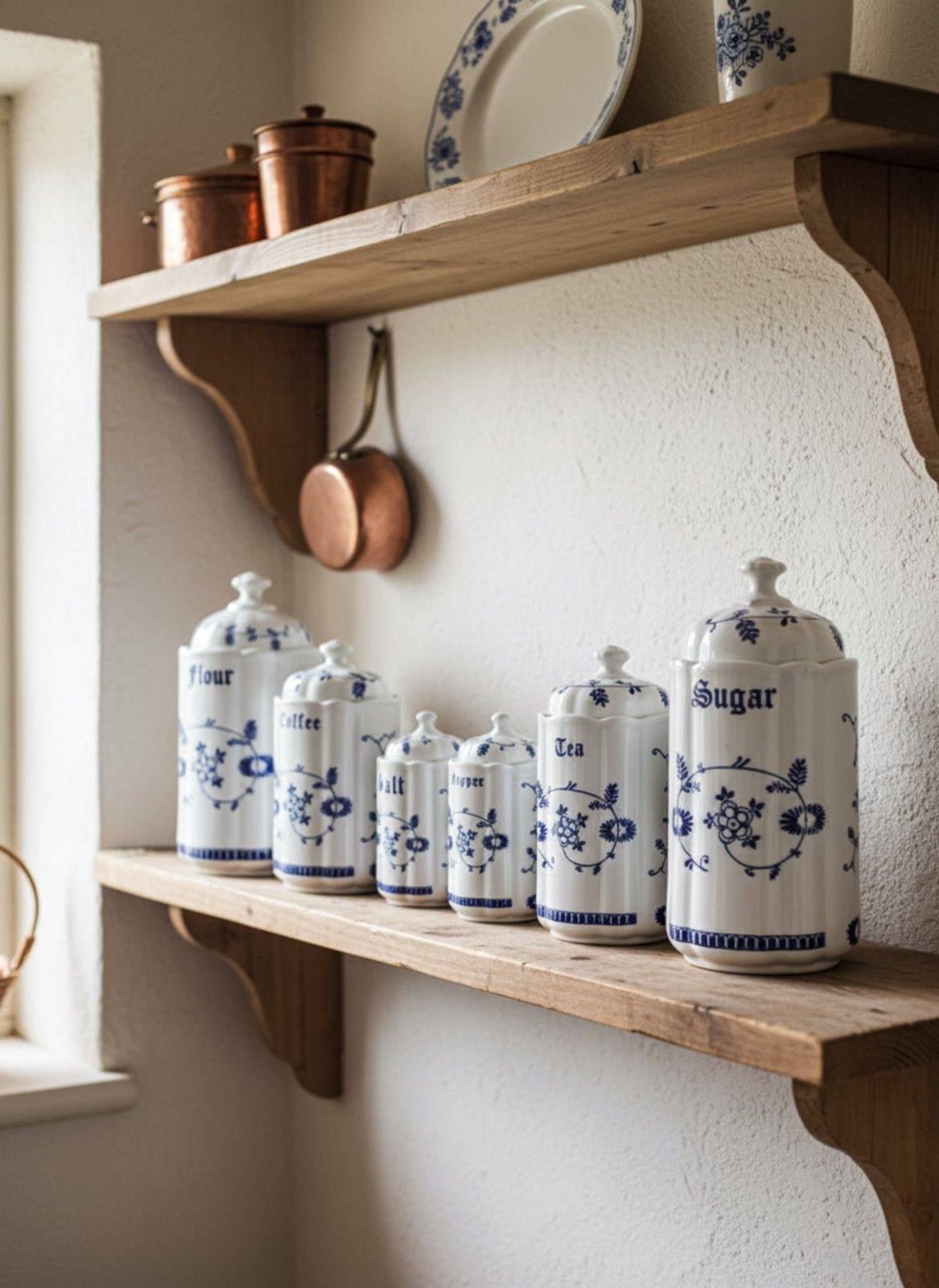 photo for sale Tc Caddies Floral Blue & White Ceramic Stamped Mid Century 1950s Rare Full Set