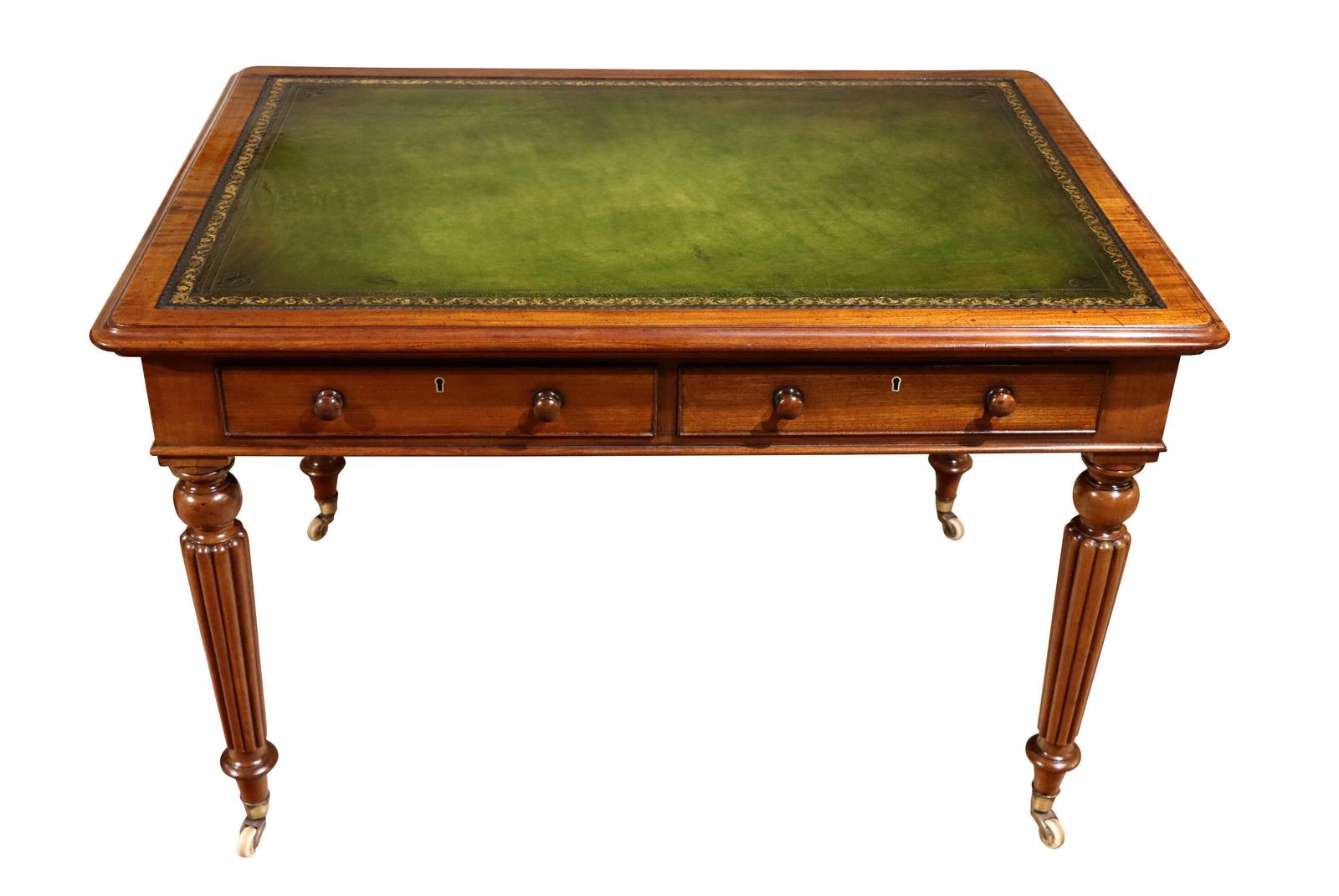 Early Victorian Mahogany Writing Table With Tooled Leather Top & Reeded Legs, C.1860 photo for sale