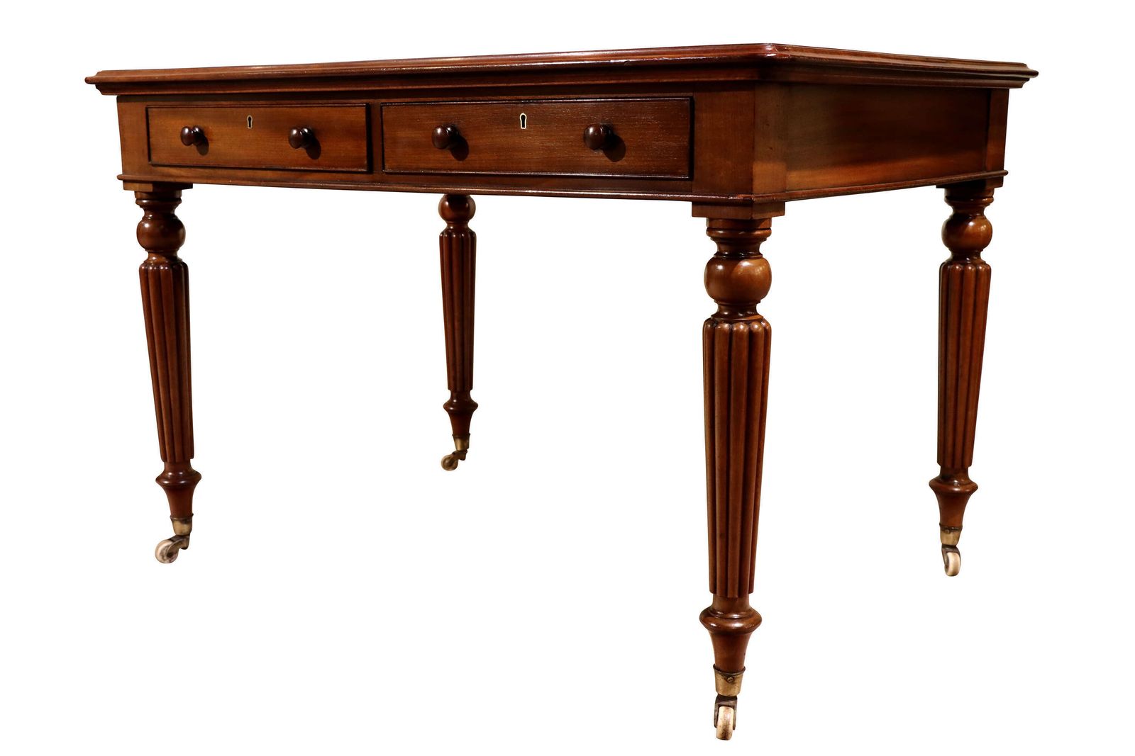 Early Victorian Mahogany Writing Table With Tooled Leather Top & Reeded Legs, C.1860 photo Furniture