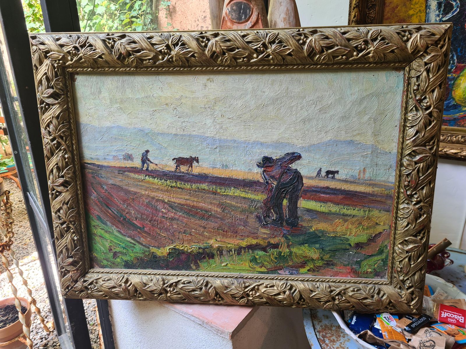 photo vintage René Seyssaud, French Fauvist Oil On Canvas Landscape, Men Ploughingthe Fields