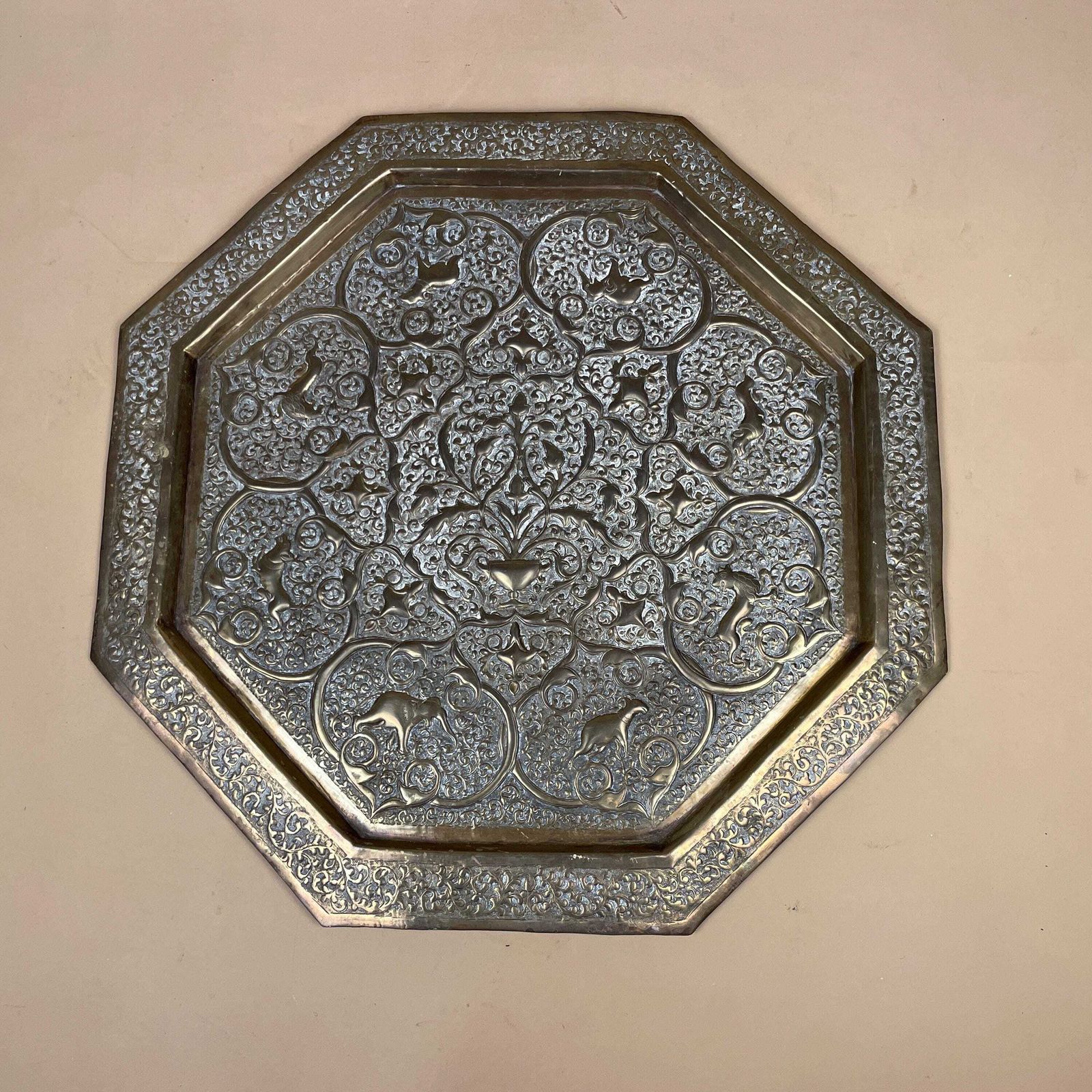 Indian Antique Metal Gold Patterned Brass Tray 41cm Plate Handmade Etched Intricate Decorative Pattern Wall Art Octagon Vintage India photo Home Decor
