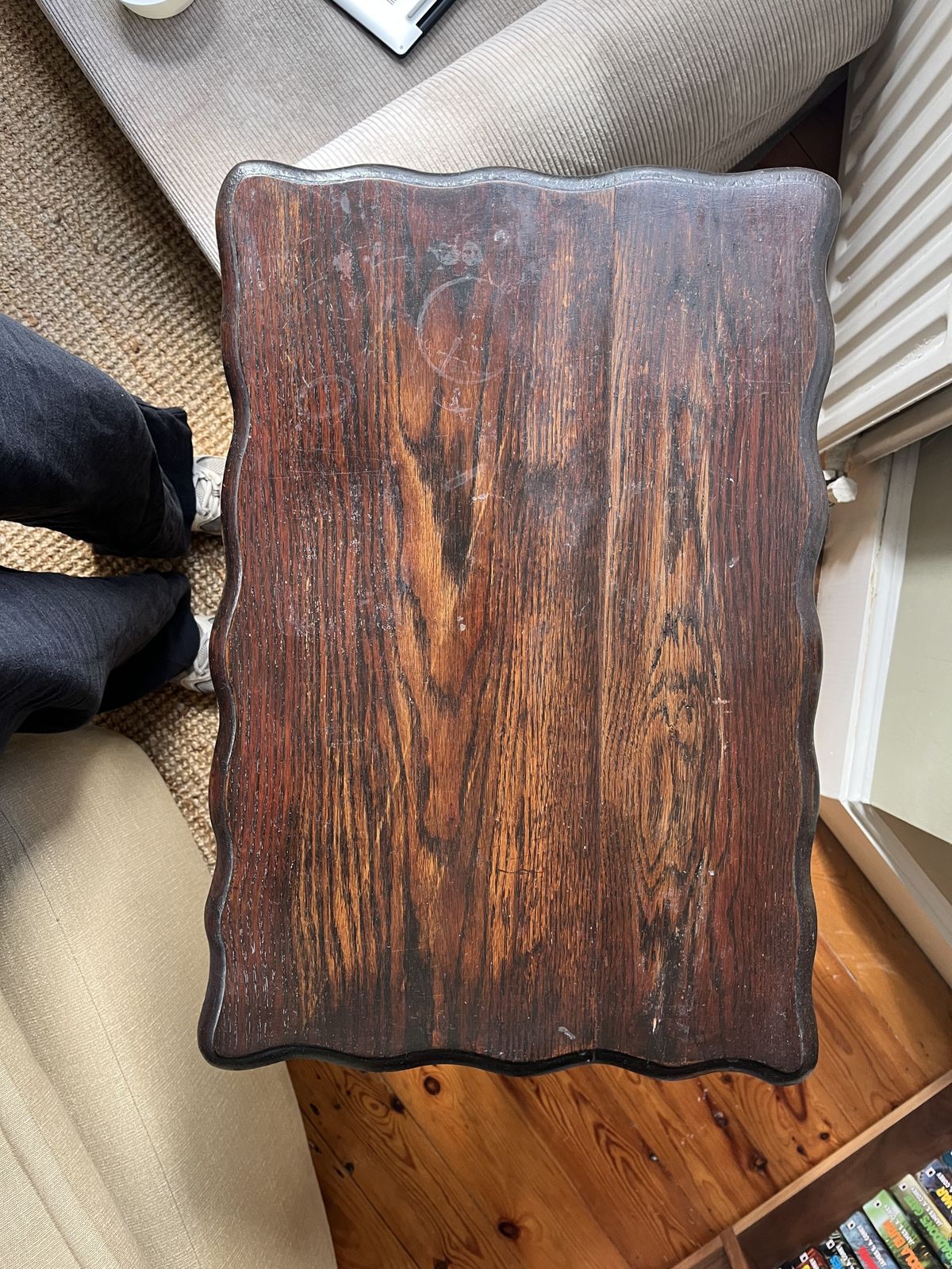 Dark Wood Antique Side Table With Scalloped Top And Barley Legs photo Furniture