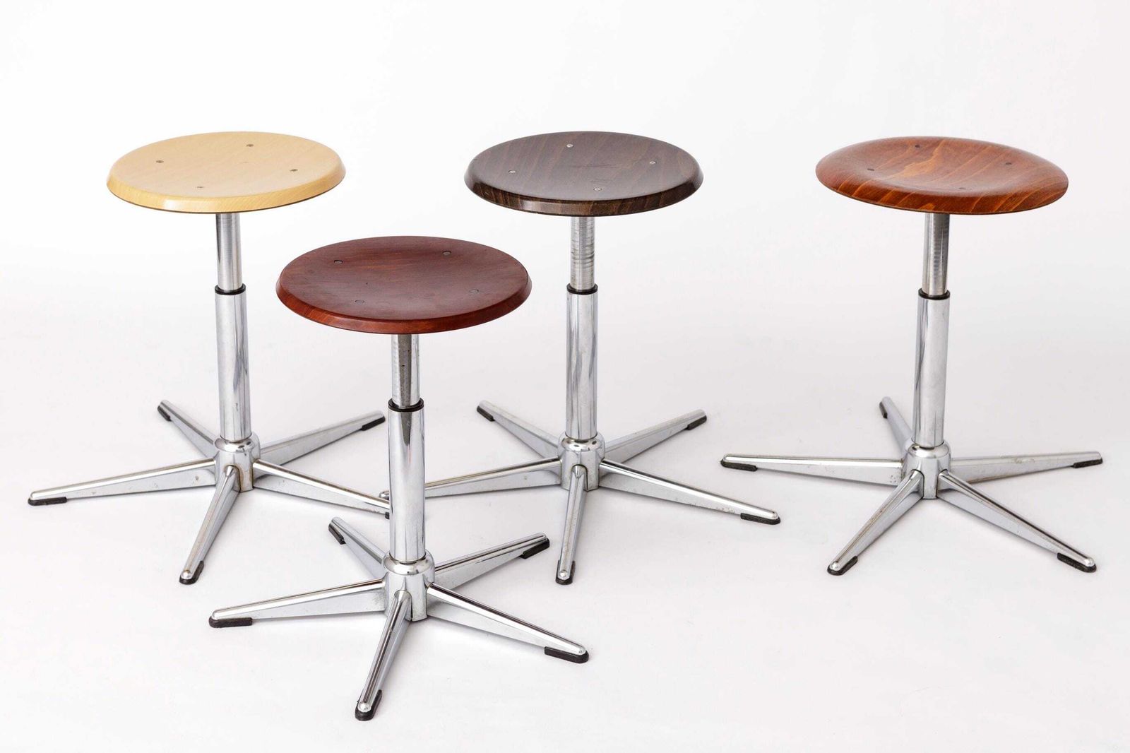 Set Of 4 Vintage Industrial Stools 1970s, Chrome Adjustable Stools With Pagwood Seats, Mid Century Stools photo furniture