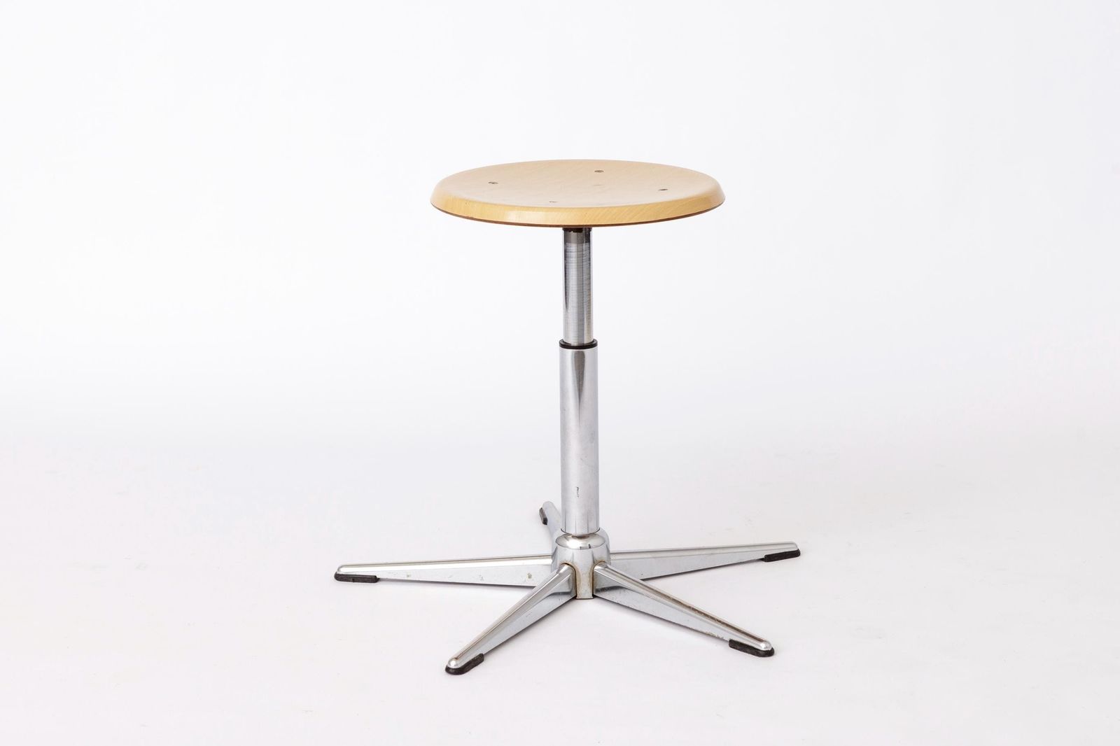 Set Of 4 Vintage Industrial Stools 1970s, Chrome Adjustable Stools With Pagwood Seats, Mid Century Stools photo Furniture