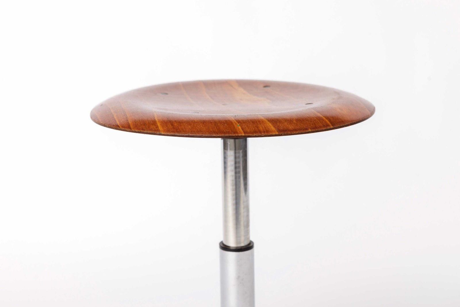 Furniture Set Of 4 Vintage Industrial Stools 1970s, Chrome Adjustable Stools With Pagwood Seats, Mid Century Stools photo