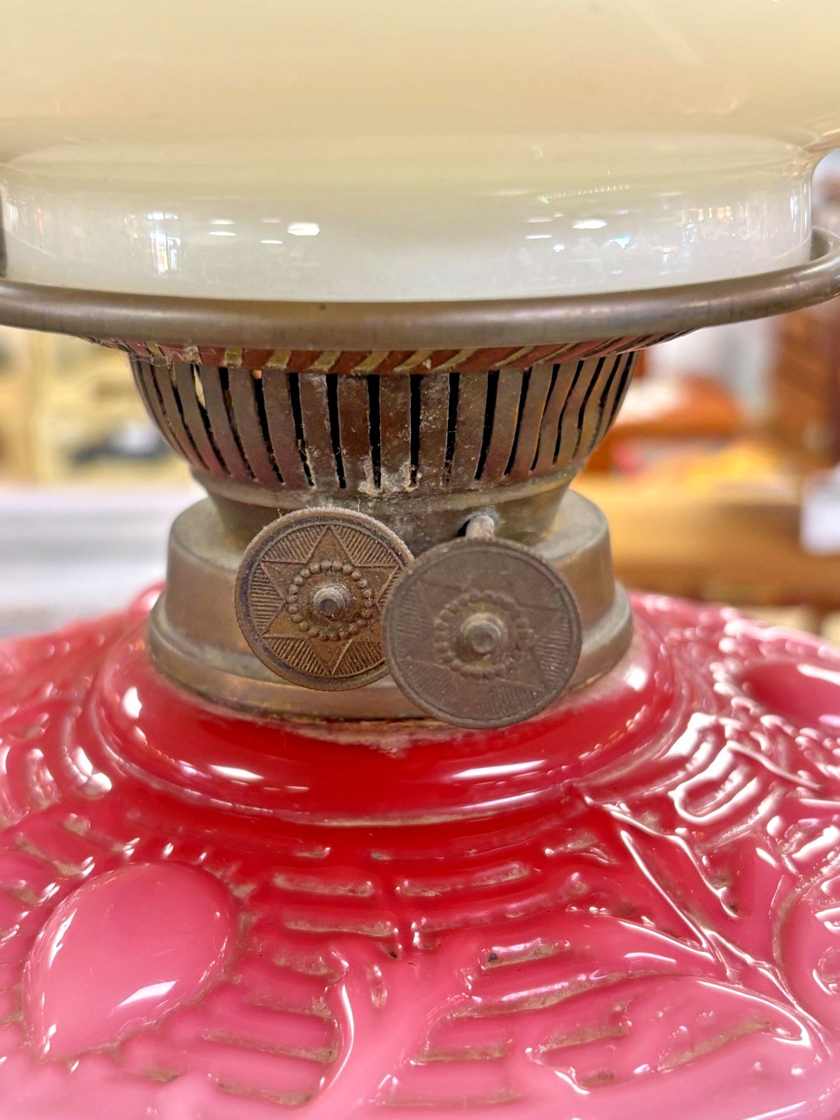 Antique Victorian Pressed Pink Glass Reservoir Oil Lamp With Flute & Shade photo 125.0