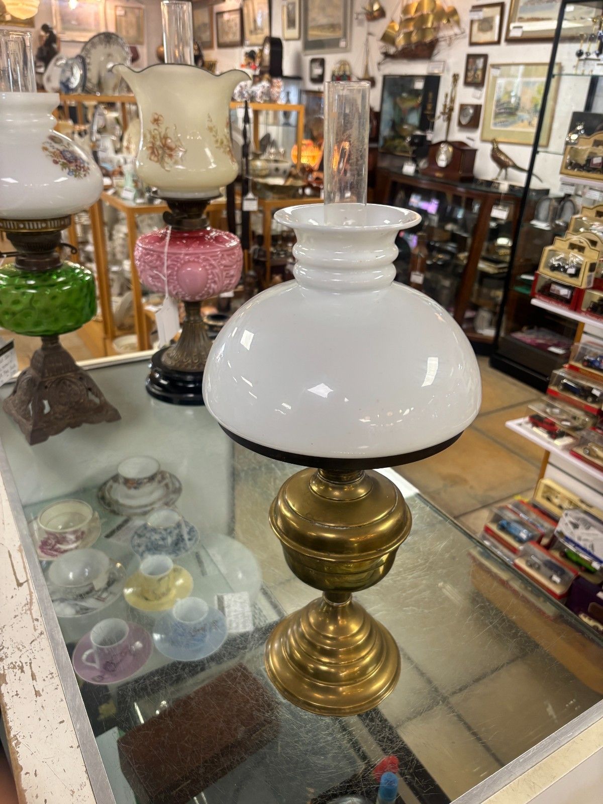 Vintage Brass Oil Lamp With Milk Glass Shade & Flute photo vinterior