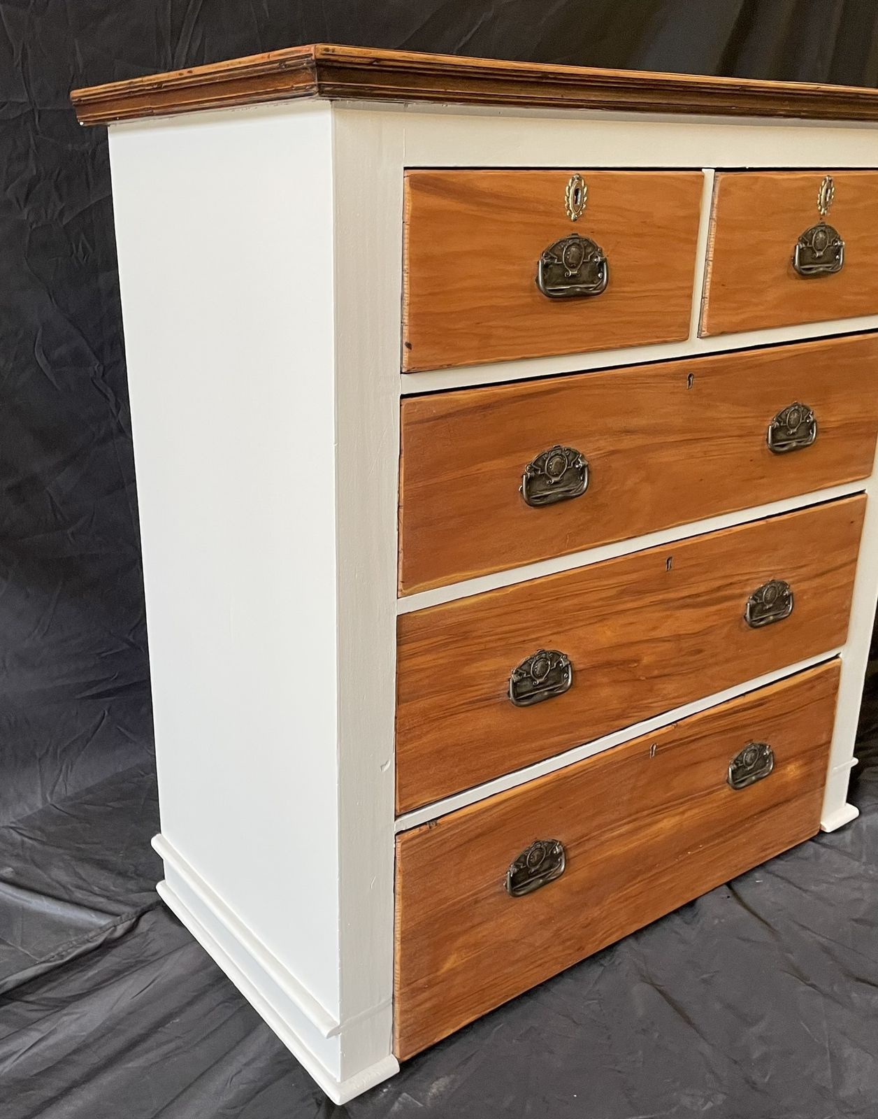Rustic Farmhouse Chest Of Drawers – Painted Taupe & Natural Wood, Brass Details photo Furniture